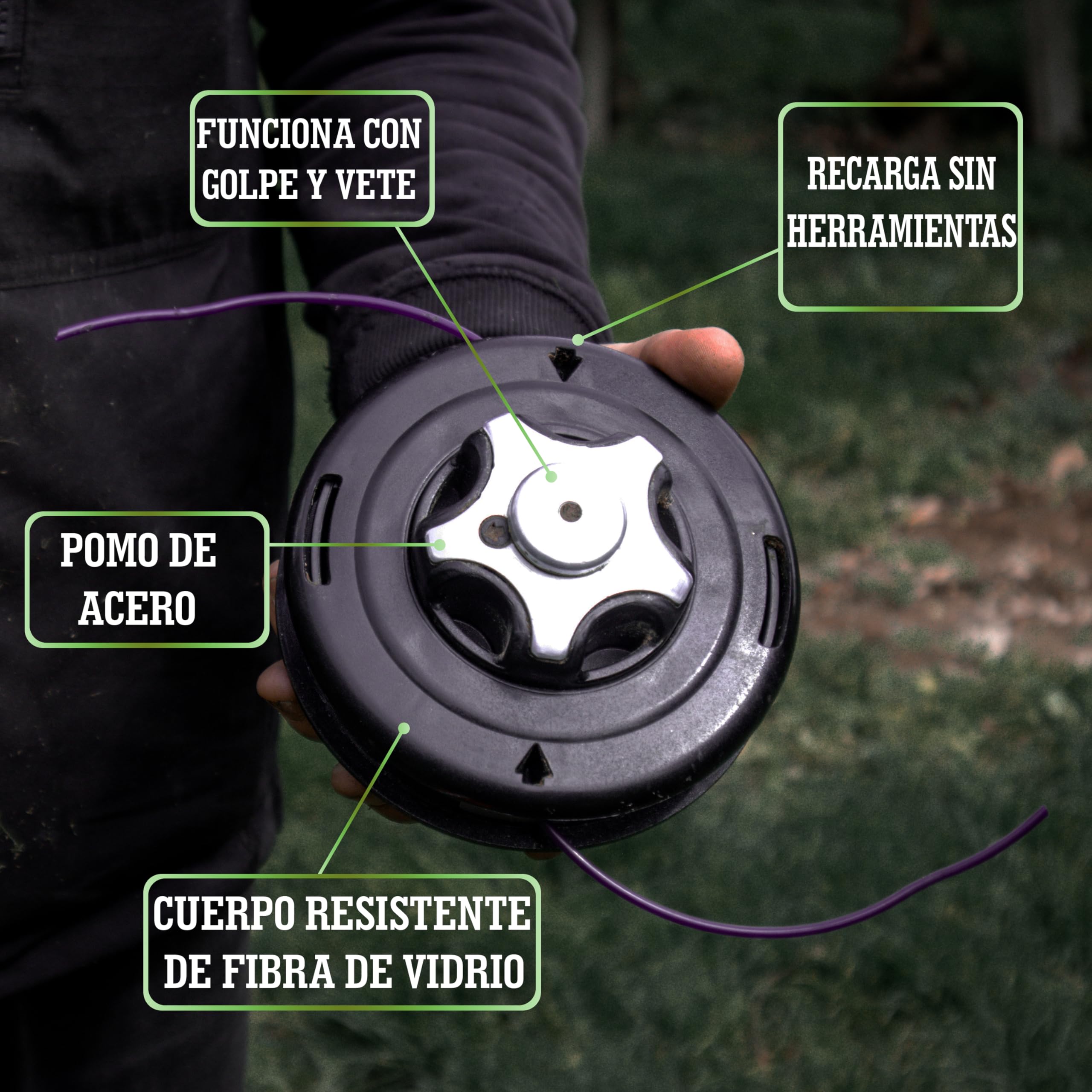 LERAVA® Cabezal desbrozadora Universal - M10x1,25 - Tap & Go - Cabezal desbrozador con pomo de Acero Robusto - Innovador Carrete ergonómico - Compatible con Diferentes Marcas - 100% Made in Italy
