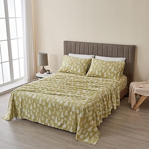 Miniatura 4 de Juego de sábanas de franela de 4 piezas, 100% algodón turco, tamaño Queen, Winter Lodge  Sábanas y fundas de almohada de algodón estampado  Sábanas