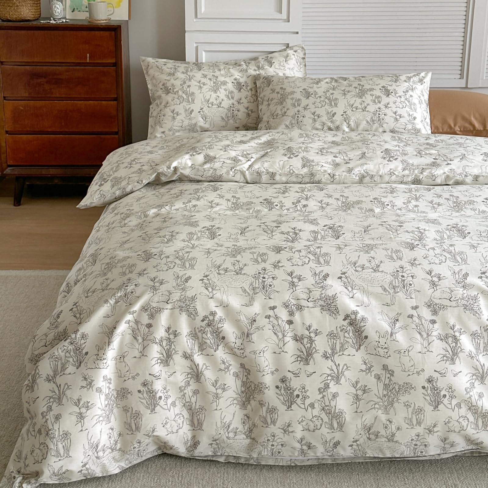 BlueBlue Rabbit Duvet Cover Set Queen 100% Cotton Bedding for Kids Boys Girls Teens Bunny Squirrel Deer Floral on White 1 Kawaii Animal Full Comforter Cover 2 Pillow Shams, Queen