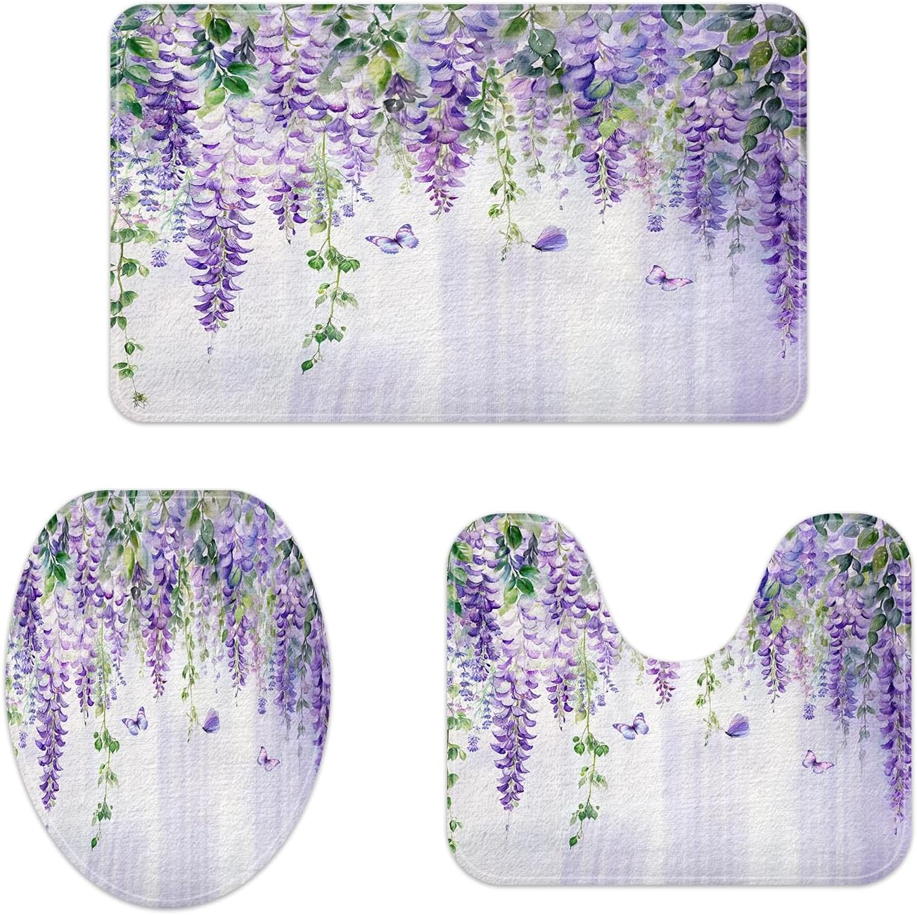 4 Pcs Purple Lavender Floral Shower Curtain Set with Non Slip Rugs Toilet Lid Cover and Bath Mat, Purple Lilac Flower Leaves Fabric Waterproof Bath Mat Carpet Toilet Restroom Bathroom Accessories