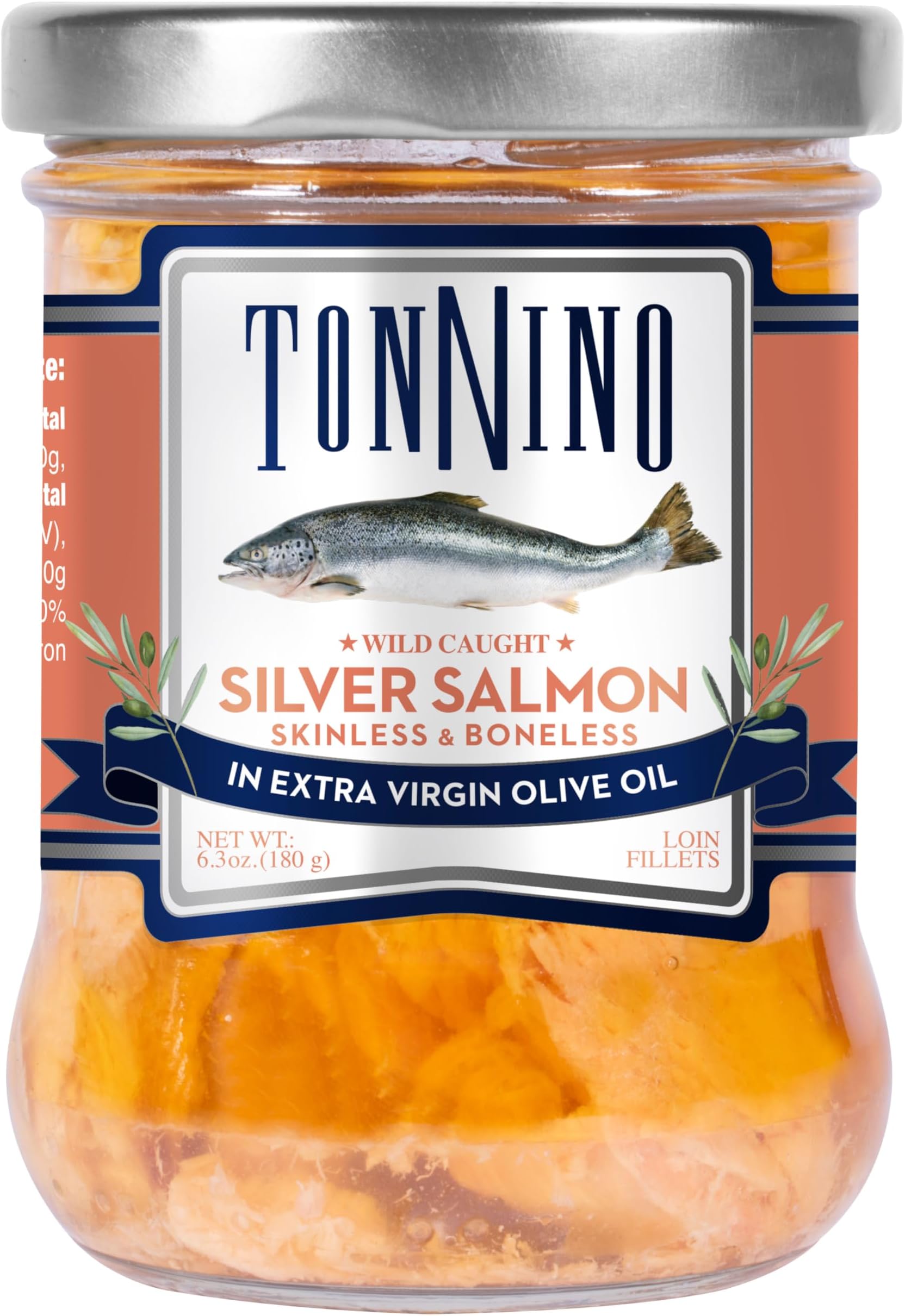 Tonnino Salmon Silver Fish – Extra Virgin Olive Oil – Pack of 6 – Skinless & Boness – Alternative to Tuna - Protein Snacks – Ready to Eat Meals in Glass Jar