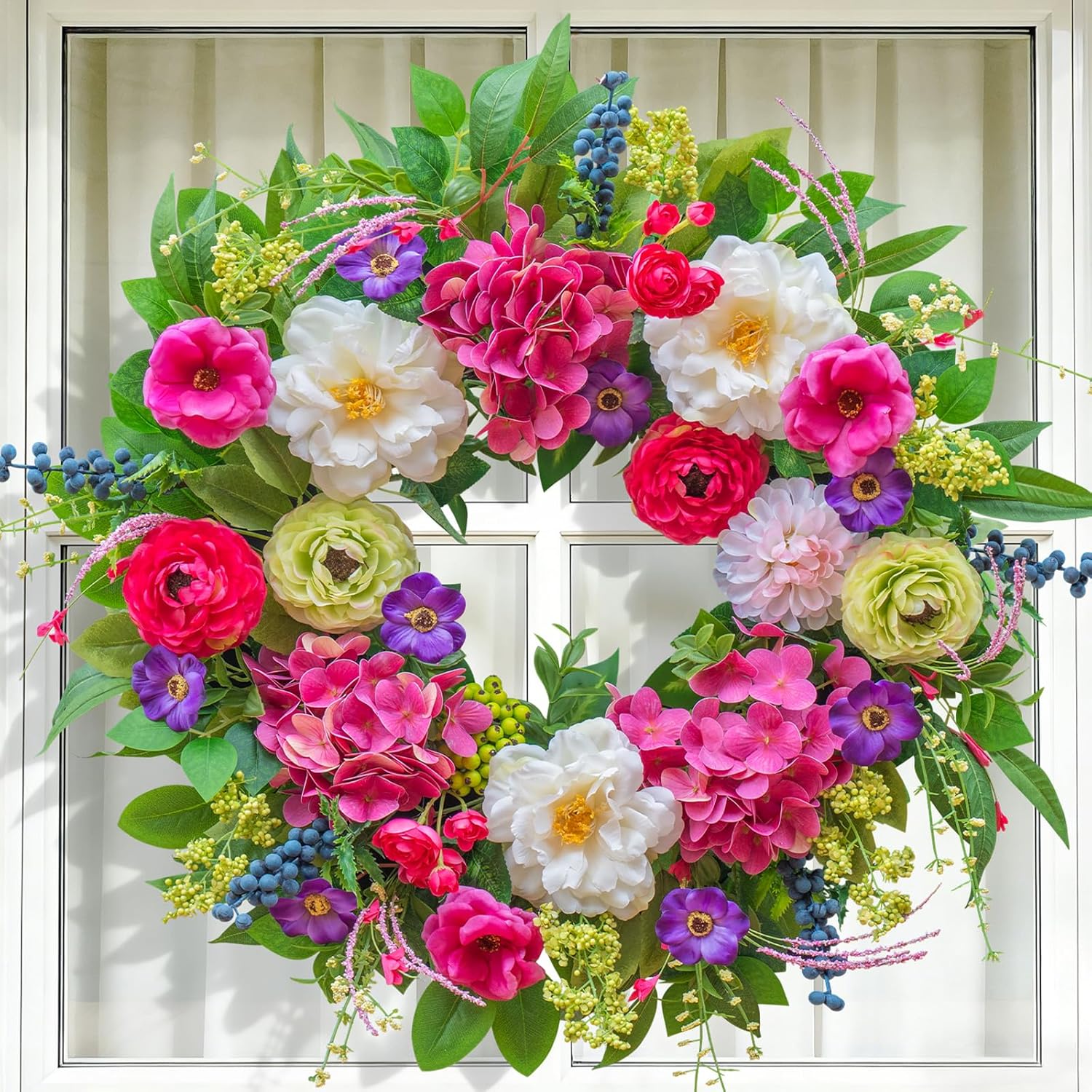 Spring Wreaths for Front Door 24 Inch Lush Spring Door Wreath with Pink Peonies, Roses, White Blooms & Greenery, Garden Style Summer Flower Wreath for Front Porch, Entryway & Wall Window
