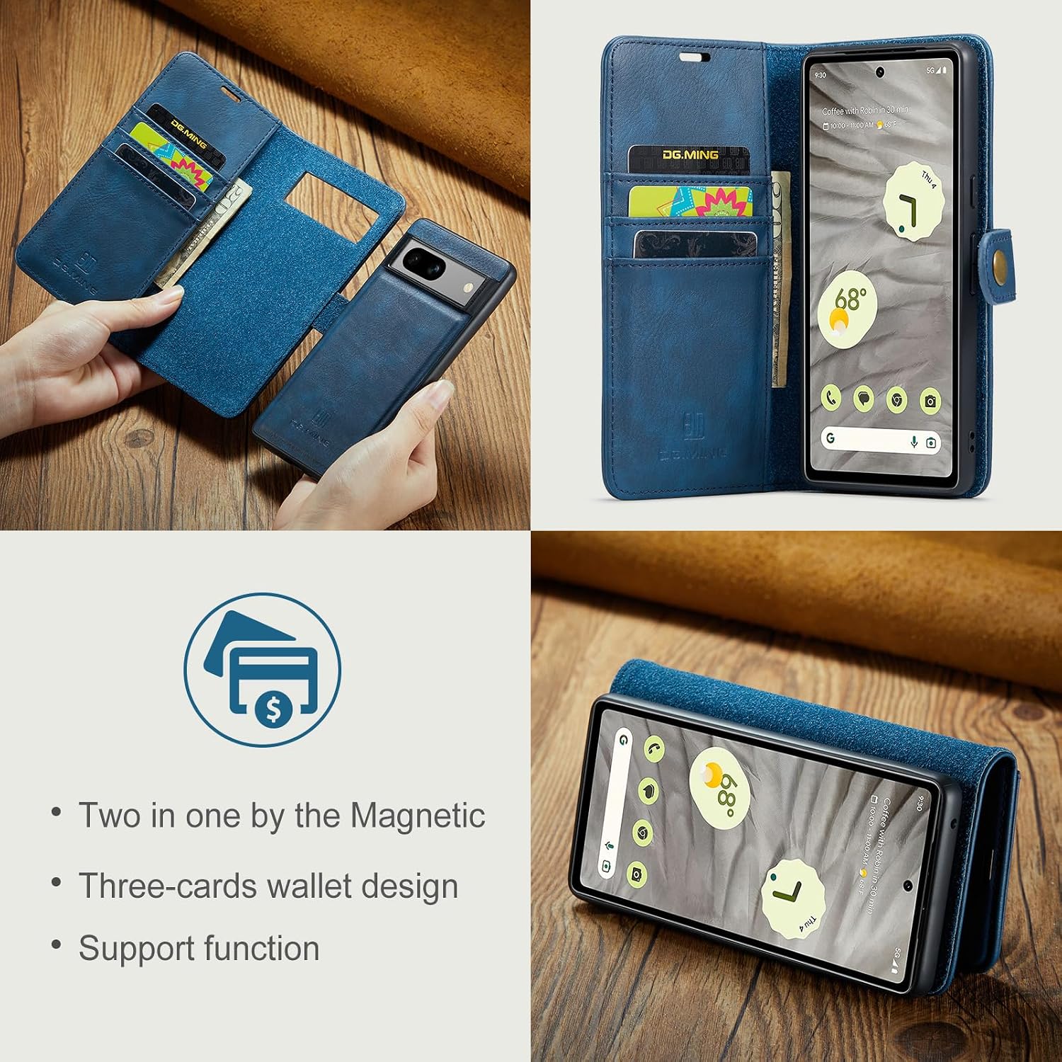 Detachable 2 in 1 Split Magnetic Flip Folio Wallet Case Compatible with Google Pixel 7A Genuine Leather Phone Case with 3 Card Holder Slots Kickstand Shockproof Cover(Blue)