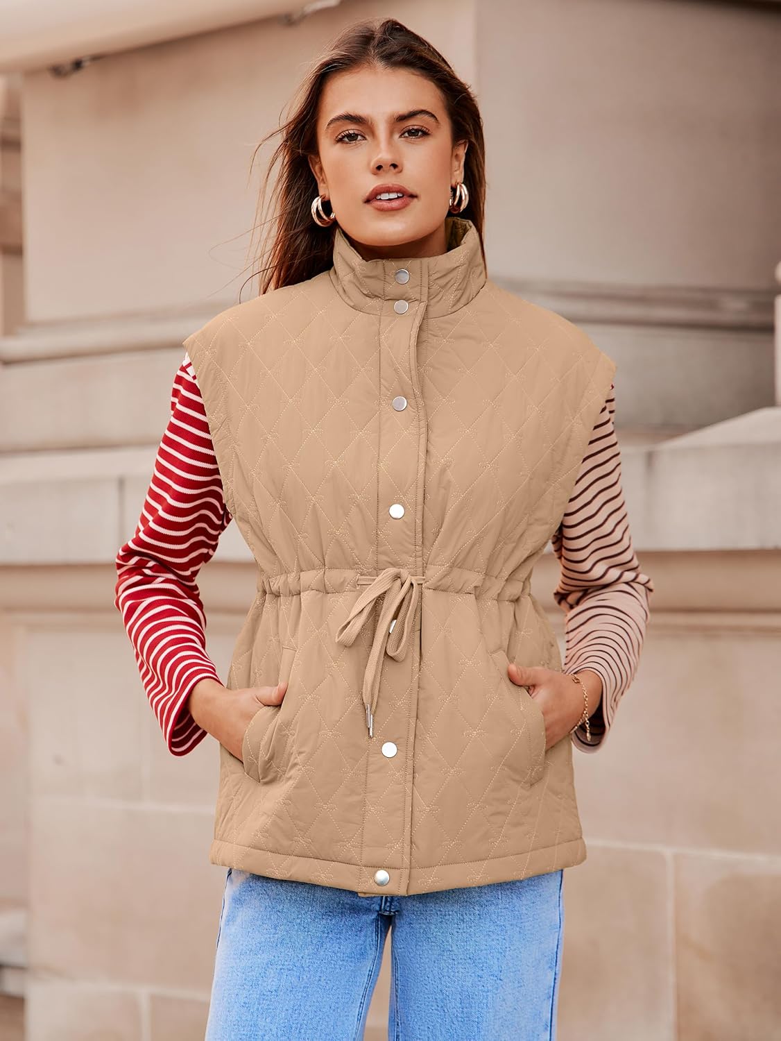 Glamaker Womens Lightweight Puffer Vest Casual Loose Sleeveless Quilted Jackets Hight Waist Drawstring Outerwear Vests