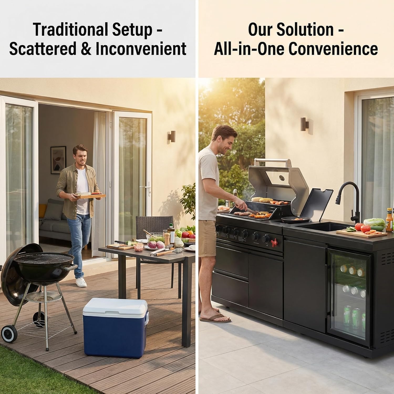 84 Inches Outdoor Kitchen Island, 5-Burner 75300 BTU Propane Stainless Steel BBQ with Side Burner, Refrigerator and Sink, Rotisserie, Granite Countertops, Storage for Backyard BBQ (Black)