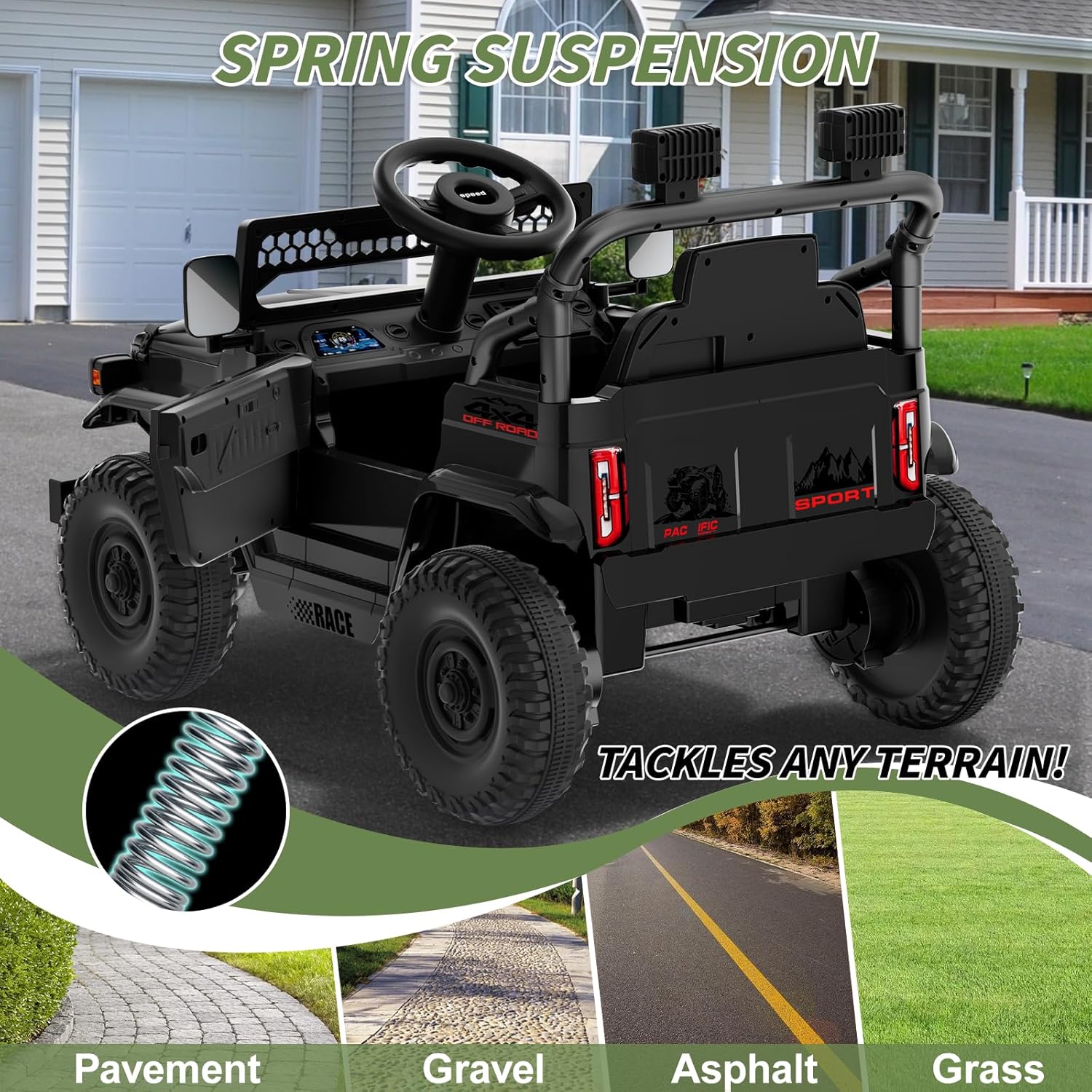 12V 7Ah Ride On Car with Remote Control for Boys, Outdoor Kids Electric Car Toys for Toddlers 1-3, 3 Speeds,Battery Powered,Spring Suspension,LED Lights,Music (Black)