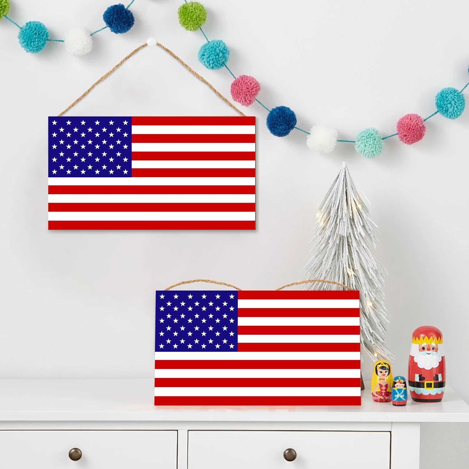 WTTORDE American Flag Door Hanging Sign，Farmhouse Patriotism Artwork Decorations Signs, Framed Indoor Outdoor Decorative Art Ornament for July 4th Independence Day, New Year, Holiday Party, Birthday image 4