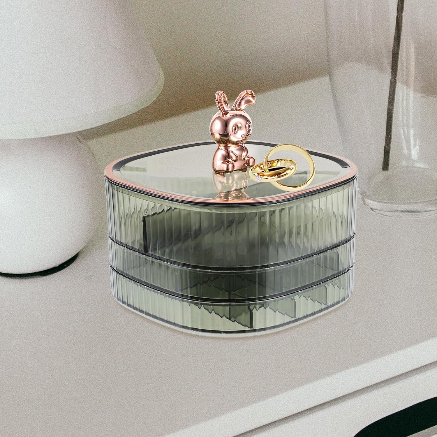 Garneck Multi-layer Jewelry Storage Box with Rabbit Decor, Portable Trinket Organizer for Necklaces, Earrings, Bracelets in Luxury Green Desktop Jewelry Case and Women image 4