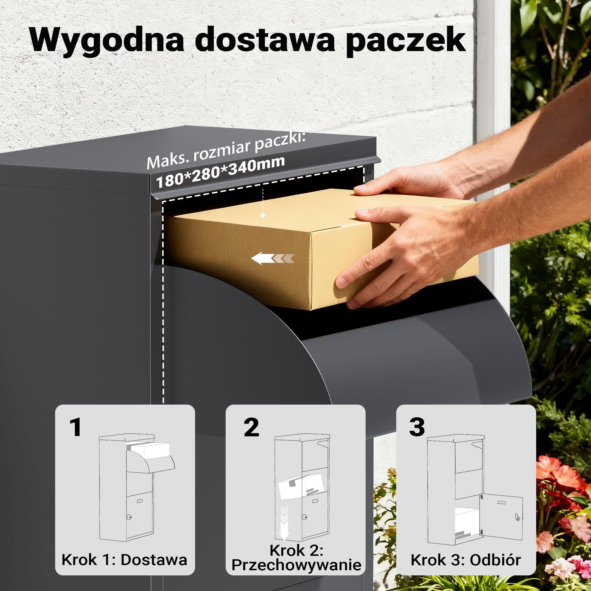 Wiltec Skrzynka na paczki antracytowa 410 x 220 x 750 mm, skrzynka na paczki do domu, prywatny punkt odbioru paczek, odpowiednia do paczek i przesyłek, skrzynka pocztowa stojąca stalowa