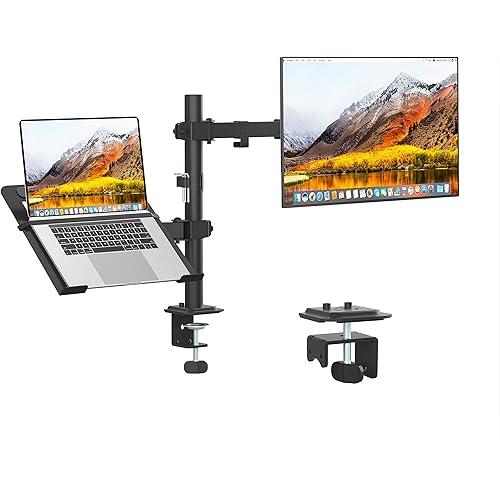 Monitor and Laptop Mount, Monitor Arm with Vented Tray for 13" to 27" LCD Computer Screens and Notebook up to 17 inch, Fully Adjustable Laptop Mount Stand Holds up to 17.6lbs