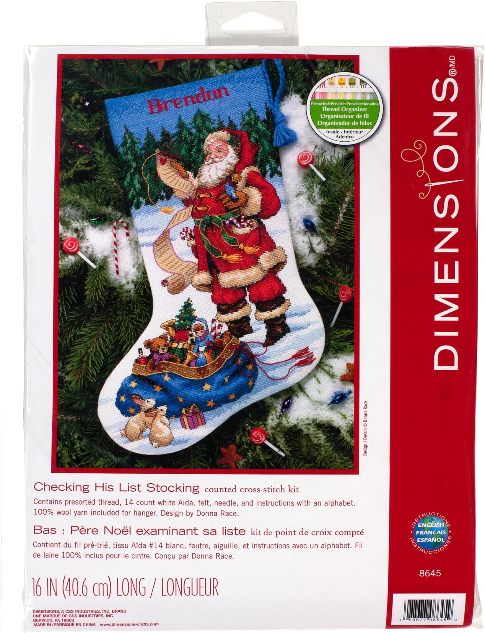 Dimensions Counted Cross Stitch ''Checking His List'' Personalized Christmas Stocking Kit, 14 Count White Aida, 16''