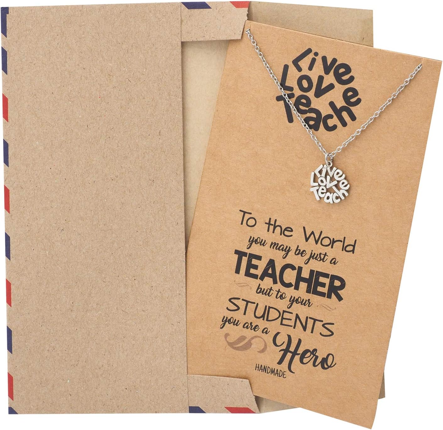 quan jewelry Live Love Teach Pendant Necklace, Best Gift for Teachers, Appreciation Gifts with Inspirational Quote on Greeting Card, Rhodium Plated