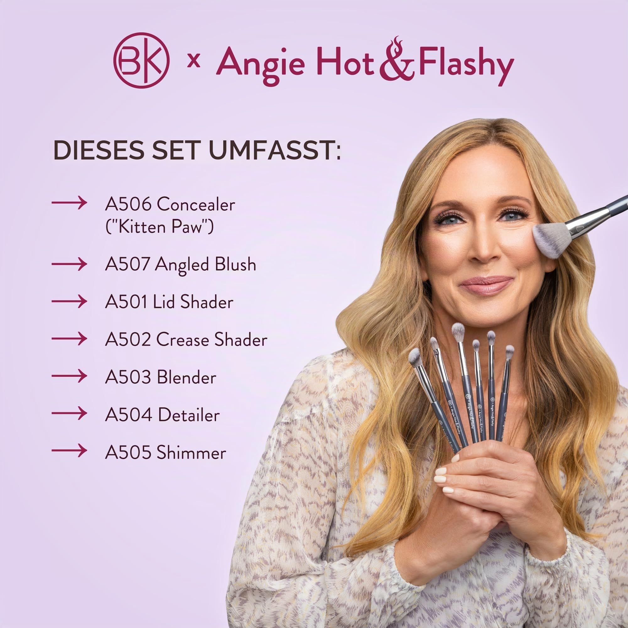 BK BEAUTY Pinsel-Set von Angie, Hot & Flashy, Foundation-Pinsel, für flüssige oder cremige Grundierungen, Concealer, Bronzer, Rouge und Highlighter, 7-teilig