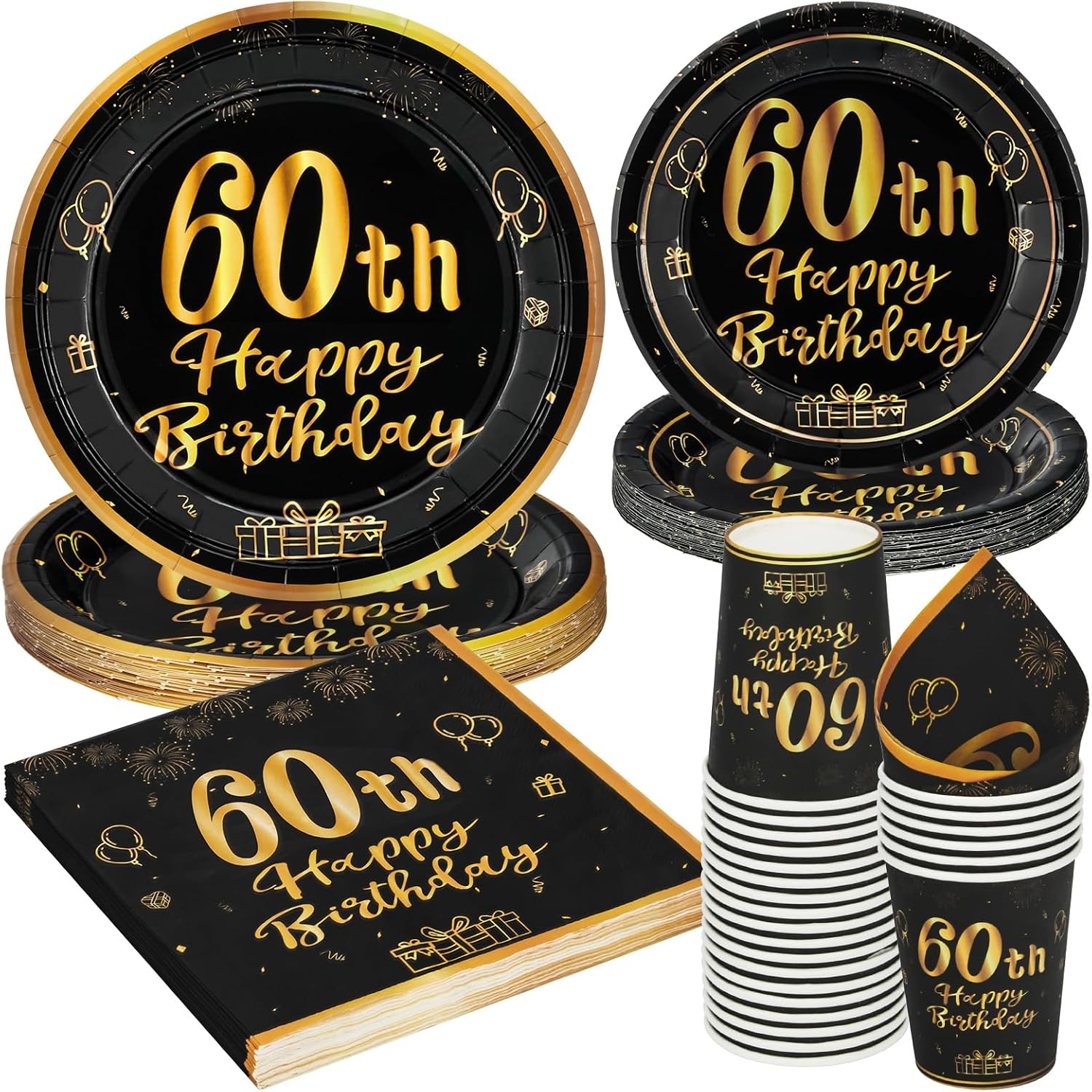 PARTY GO 96 Pcs Happy 60th Birthday Tableware Set, Black and Gold Paper — free download