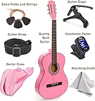 Vista 2 de Guitarra clásica de madera de 30 pulgadas con estuche y accesorios para niños, niñas, principiantes (Rosa)