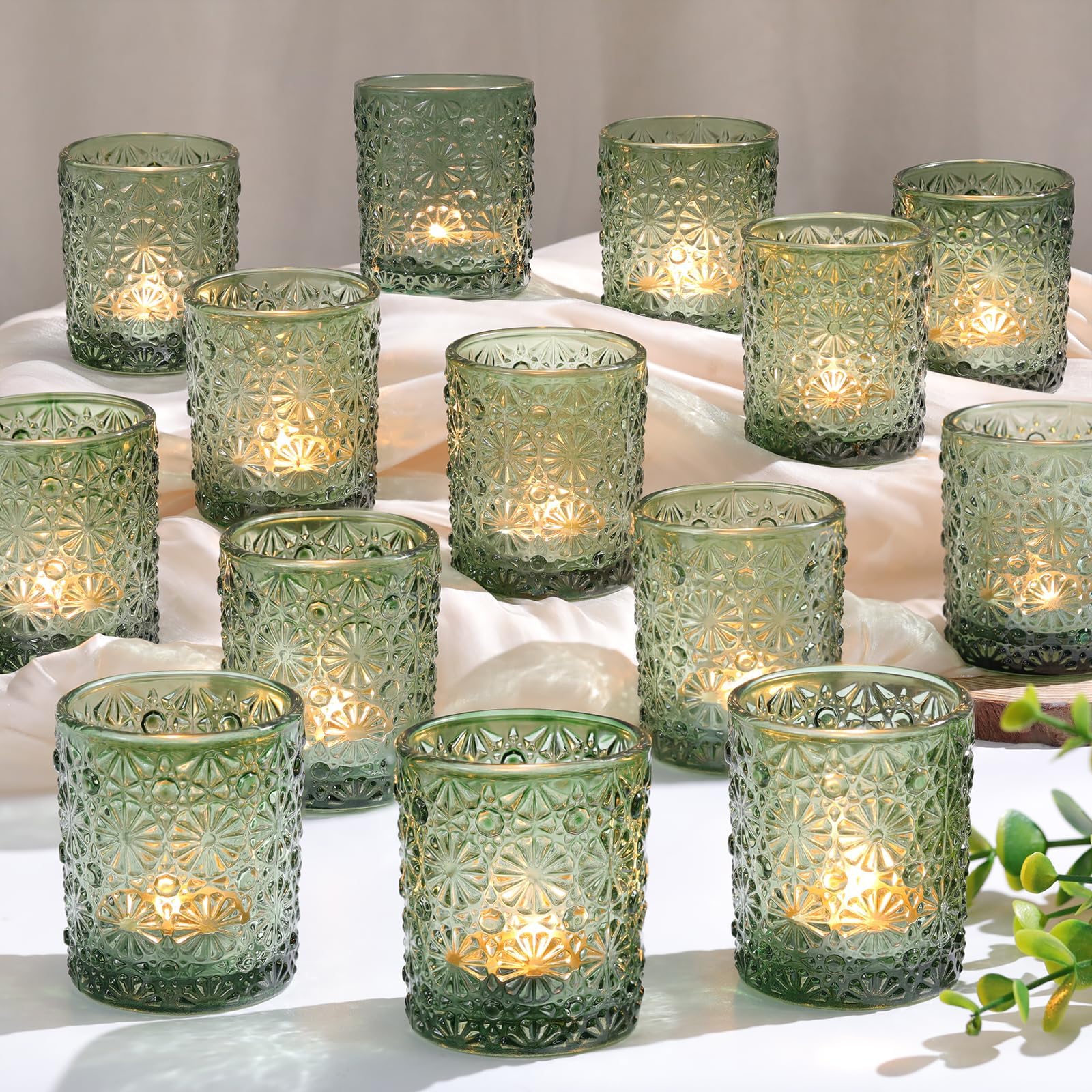 Lot de 36 photophores verts pour décoration de table de mariage, fête d'anniversaire, décoration d'intérieur vintage, fête prénuptiale et décorations de vacances