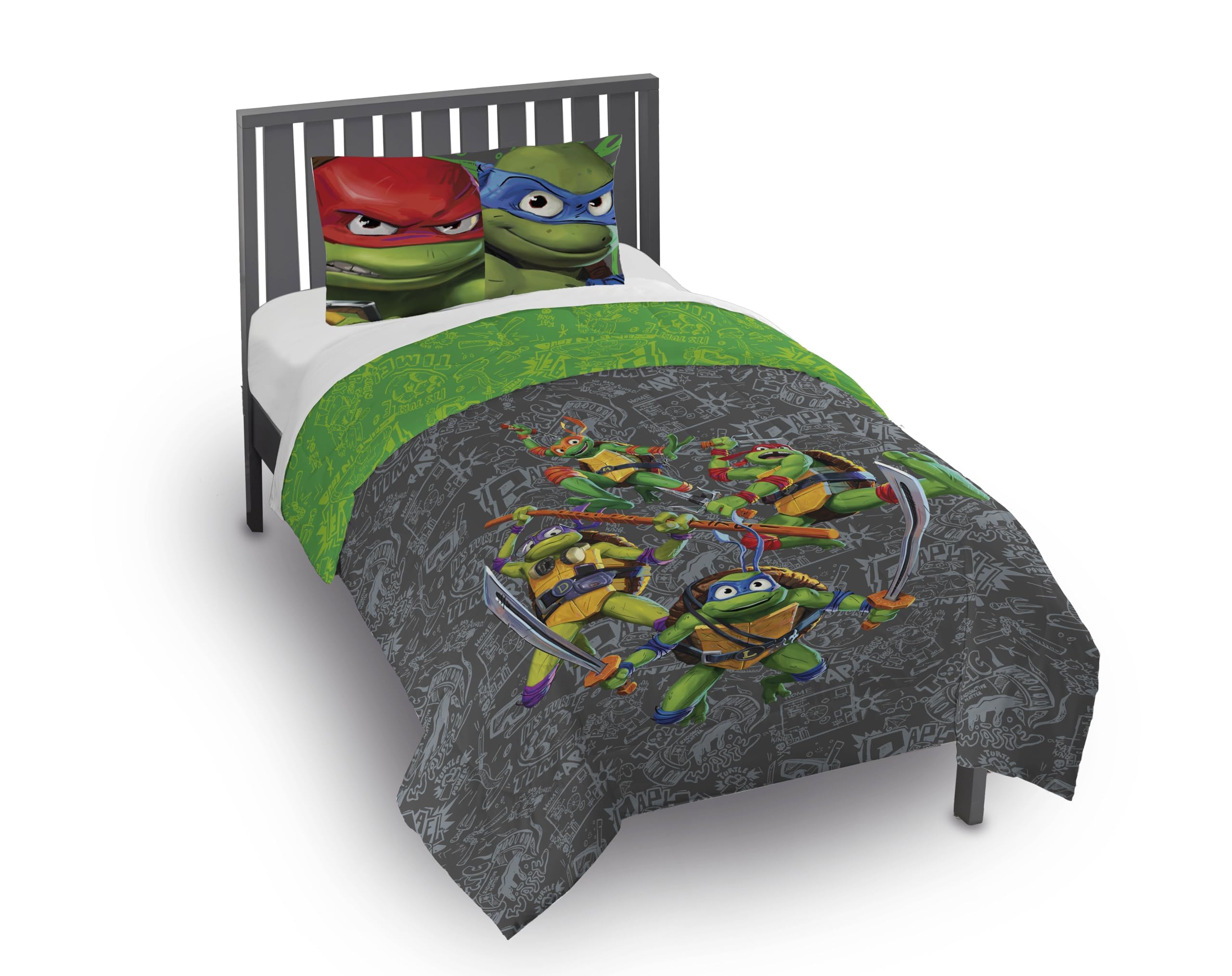 Jay Franco Teenage Mutant Ninja Turtles Kids 2 Piece Grey Reversible Comforter and Pillowcase Bedding Set, Twin/Full, 72" (W) x 86" (L)