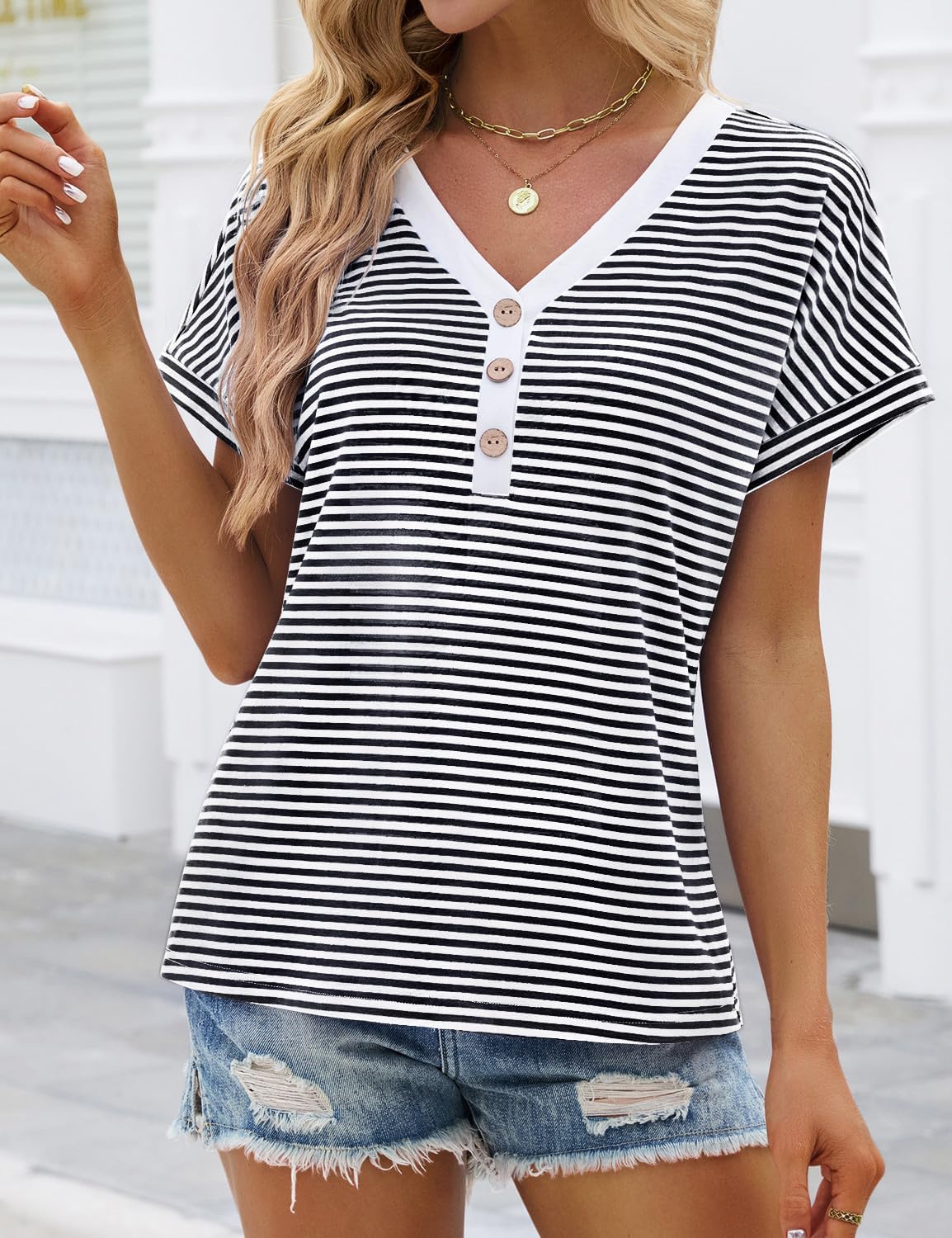 JUSTFASHIONNOW Womens Striped Henley T Shirts Short Sleeve V Neck Summer Tops 2026 Button Front Dressy Casual Blouses - Image 4