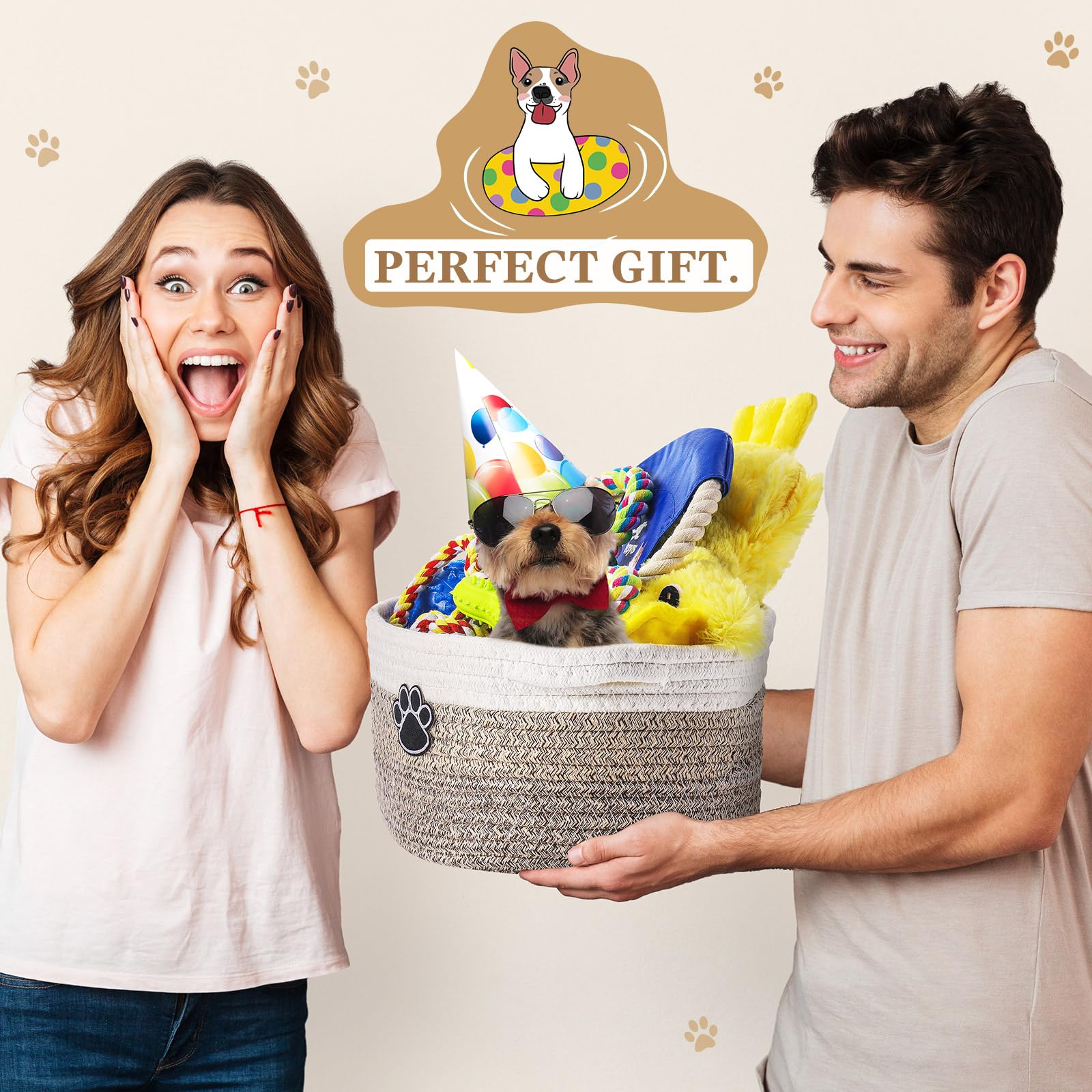 Zopeal Puppy Dog Toy Gift Storage Basket with Dog Toys Set Chew Toys Birthday Gift Basket Teething Interactive Squeaky Duck for Teething Small Medium Large Dogs(Khaki)