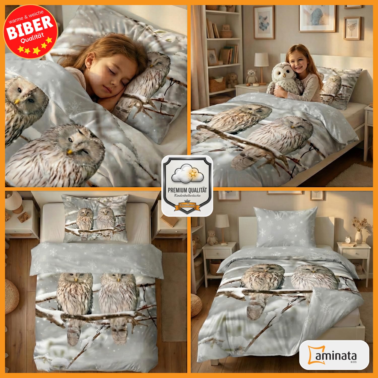 Aminata kids Biber Bettwäsche Eule 135x200 100% Baumwolle Tier-Motiv