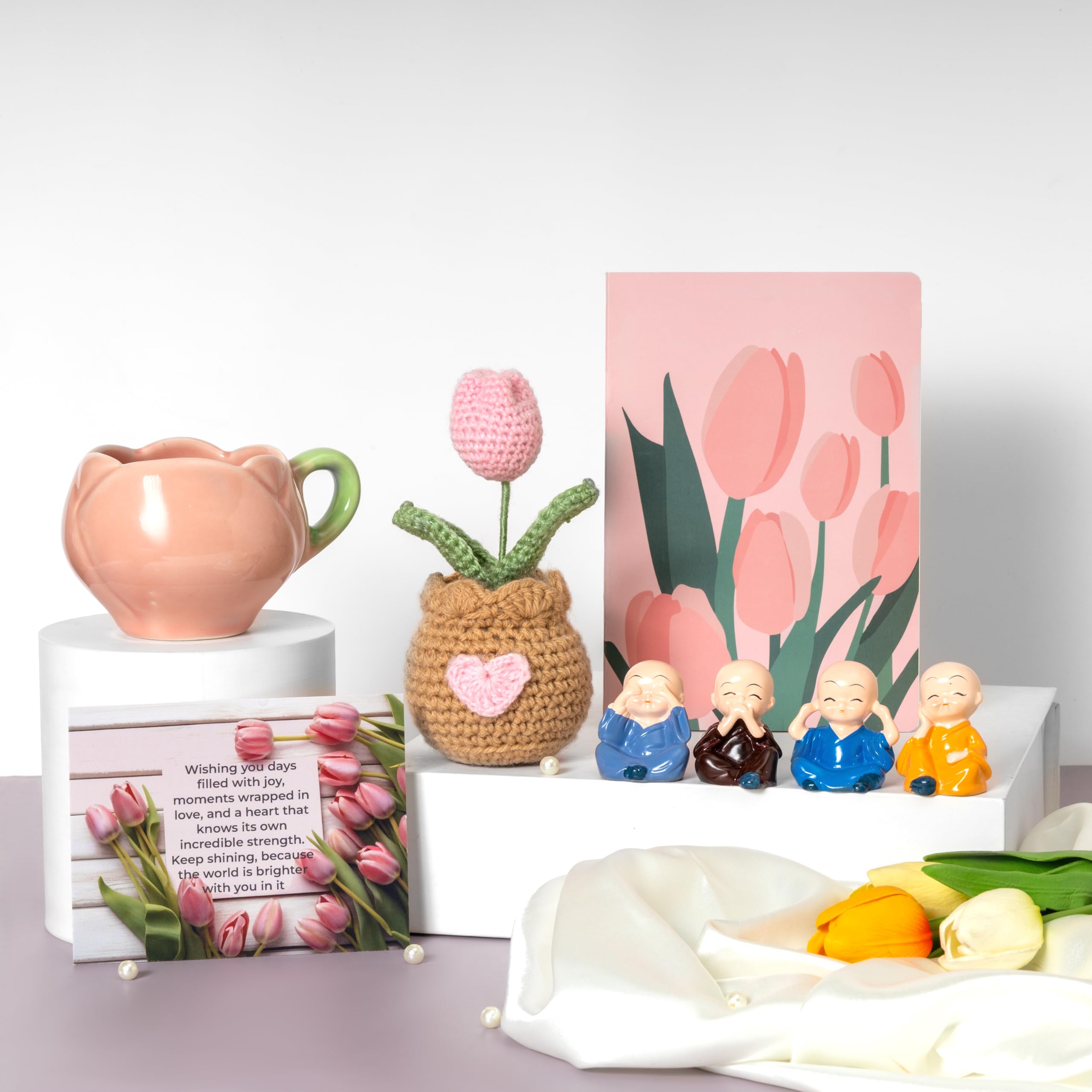 Rarejoy Tulip Theme Gift Hamper for Women Handmade Crochet Flower Pot, Tulip Mug, 4 Little Buddhas, Journal, Floral Greeting Card Combo Pack of 5 Gift for Birthday, Anniversary, Valentine, Corporate