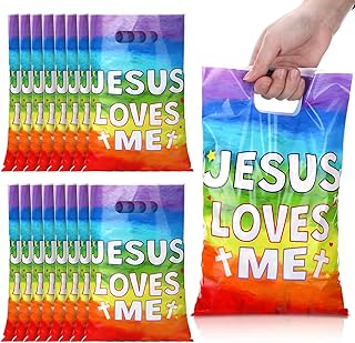 Hosuly 50 Pcs Jesus Loves Me Gift Bags Religious Christian Plastic Goody Bags with Handles Cross Candy Treat Gifts for Sunday School VBS Church Party Supplies Party Favor Decoration