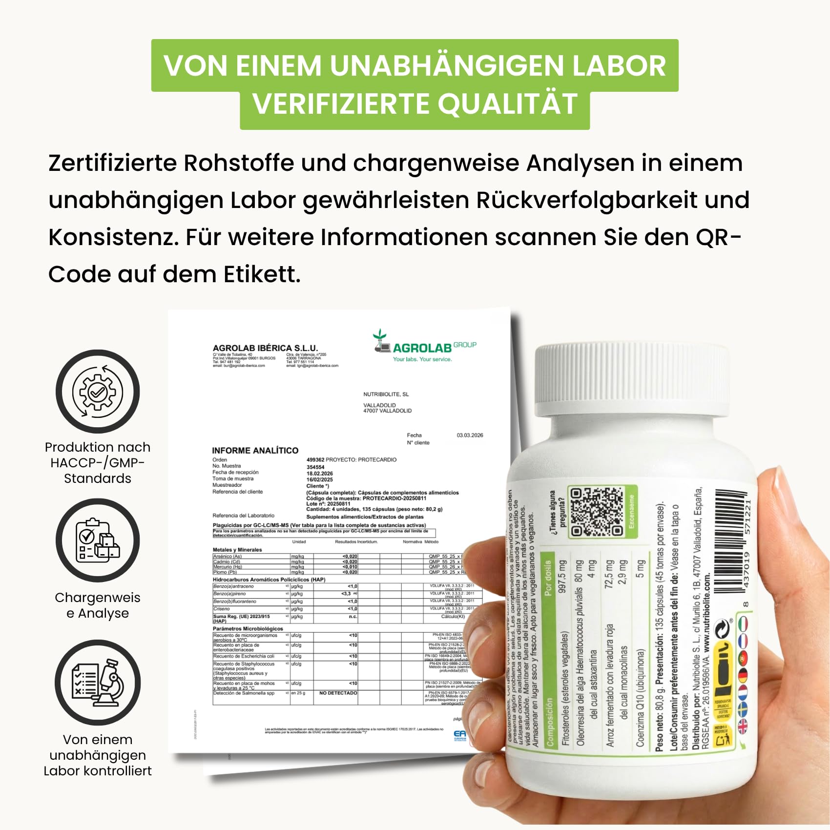Cholesterin Komplex mit Pflanzlichen Sterolen 997,5 MG, Roter Reis (Monakoline), Coenzym Q10 & Astaxanthin – 135 vegane Kapseln ohne Zusatzstoffe | Protecardio Nutribiolite