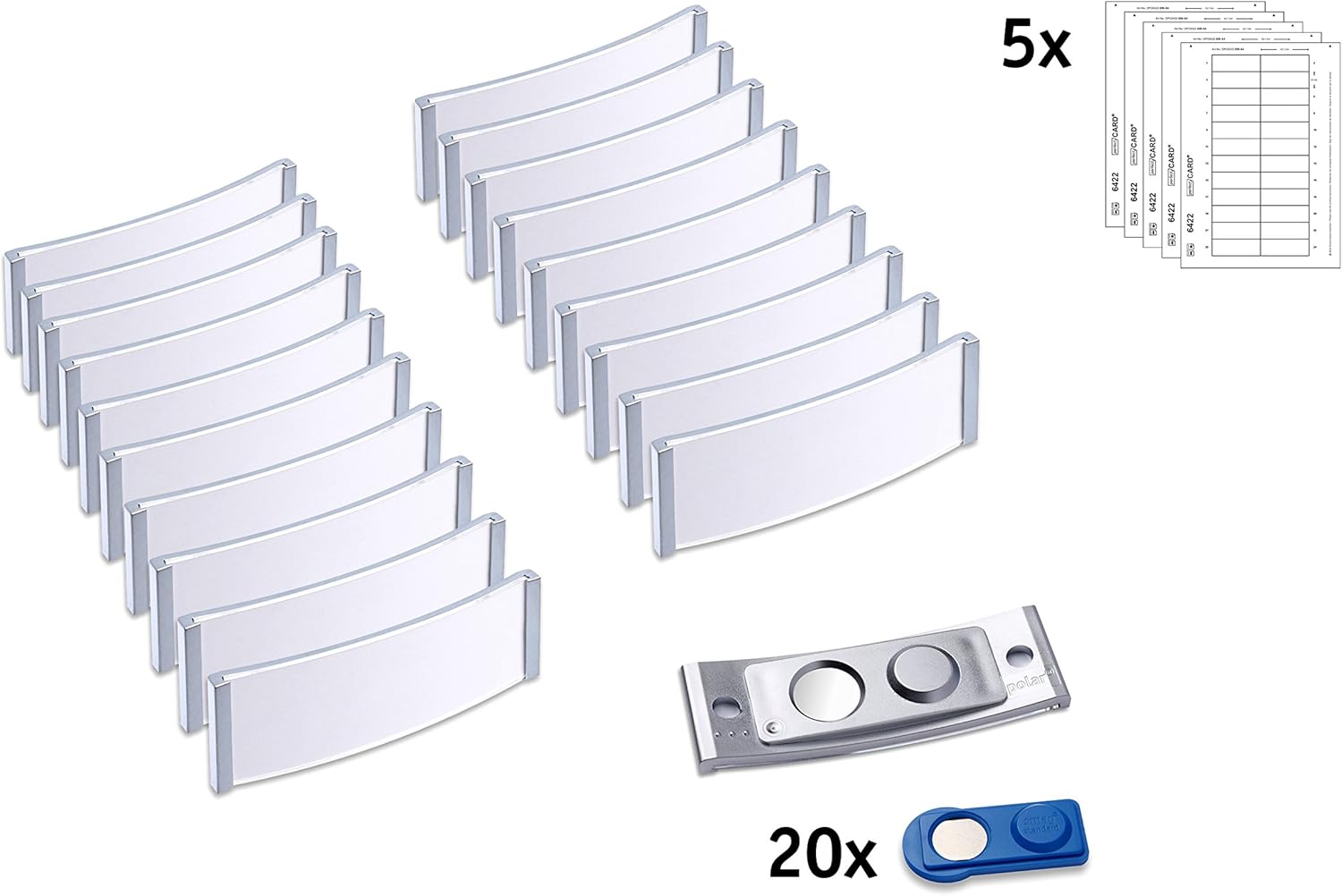 Badgepoint Polar 20 Name Plate Complete Set, 20 Plates Including Printing Sheet and templates for PC, 68 mm x 22 mm, writable, Magnetic Name Tags for Clothing, Slip-Proof, Matte Stainless Steel