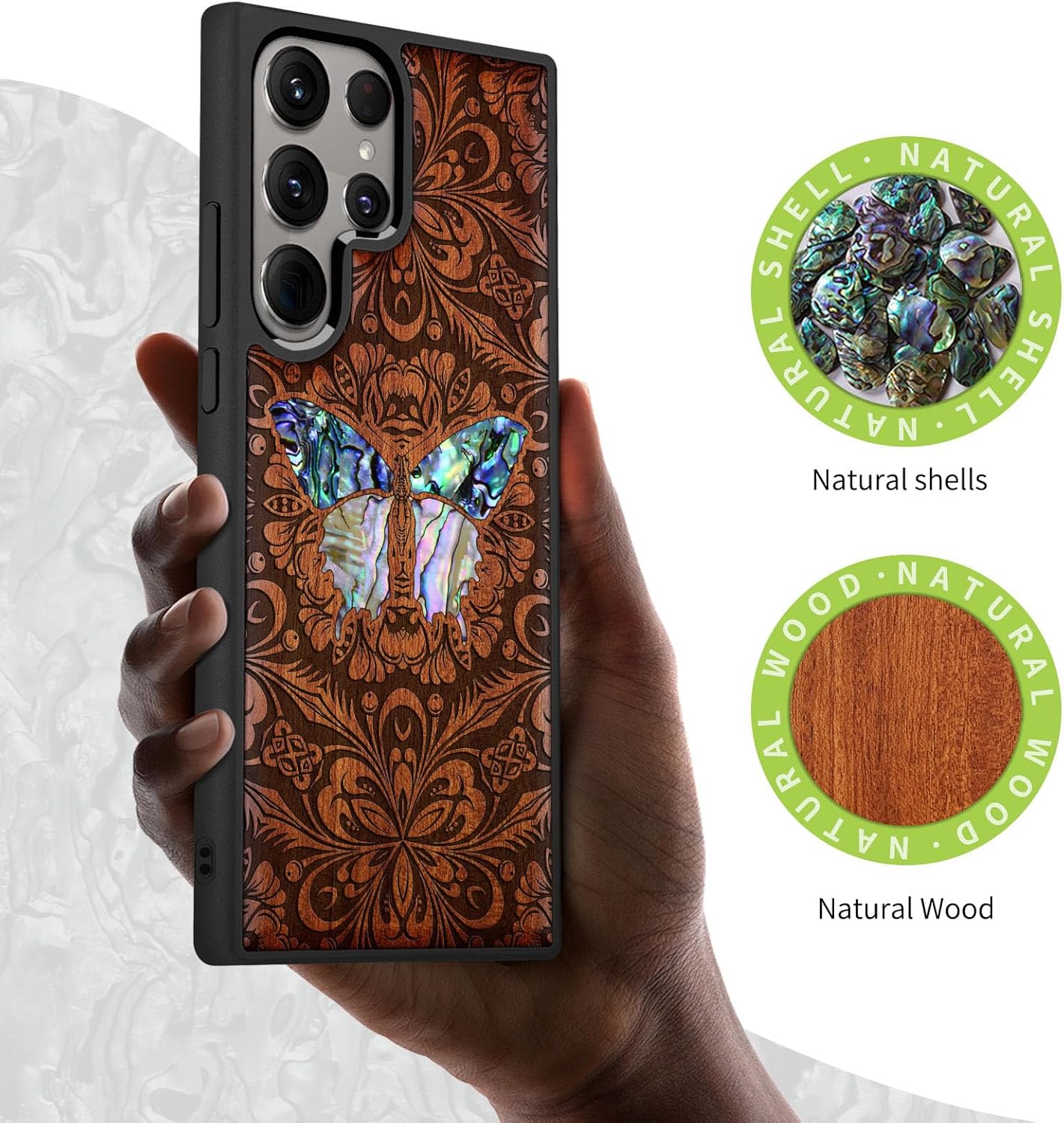 Carveit Designer Wooden Case for Samsung Galaxy S24 Ultra Case [Wood Engraving & Shell Inlay] Compatible with Wireless Chargers S24 Ultra Cover (Baroque Butterfly-Rosy)