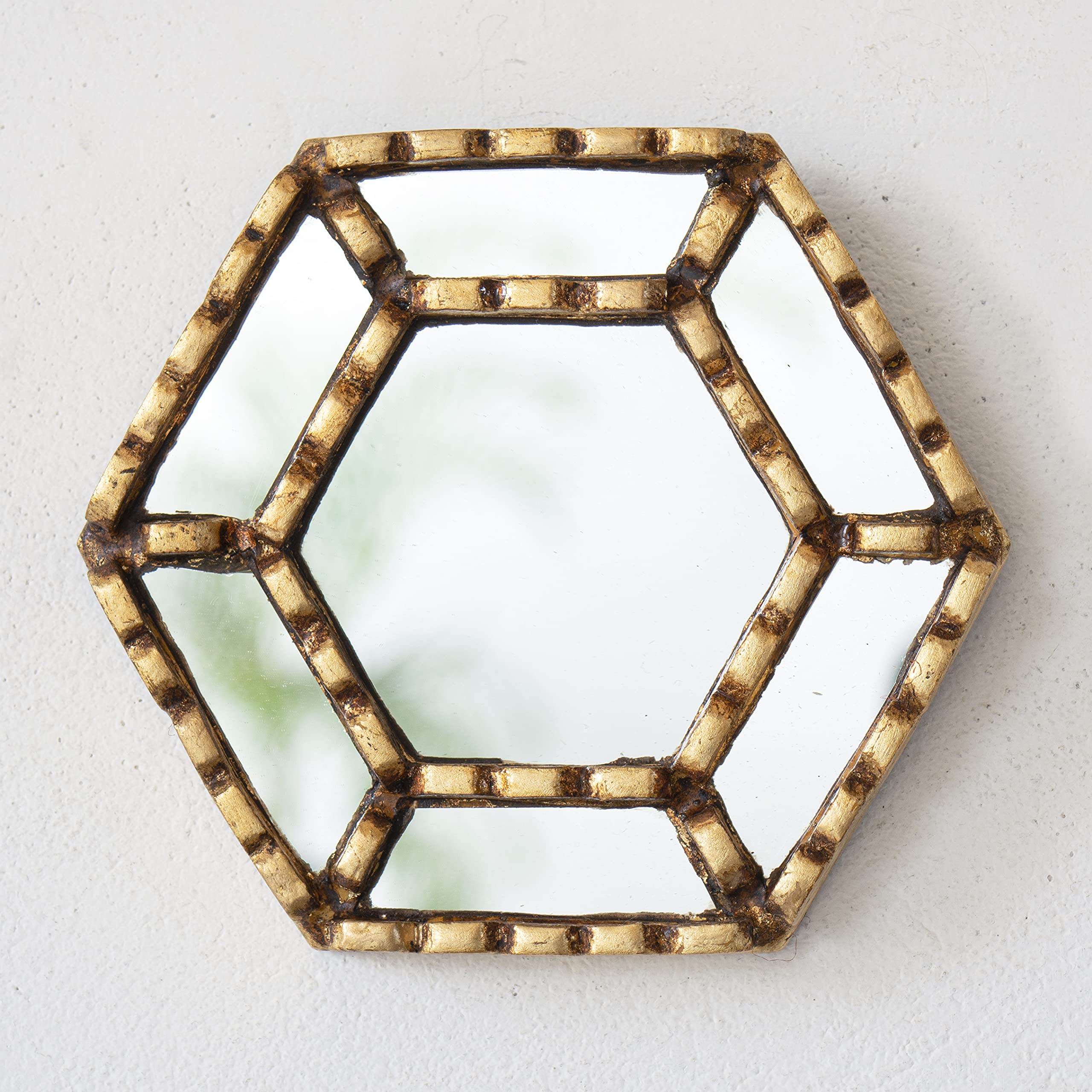 Small Wall Hexagonal Mirrors Decorative | Gold Mirror for Wall Decor Bedroom Living Room | Peruvian Handmade Mirror for Wall Decorative