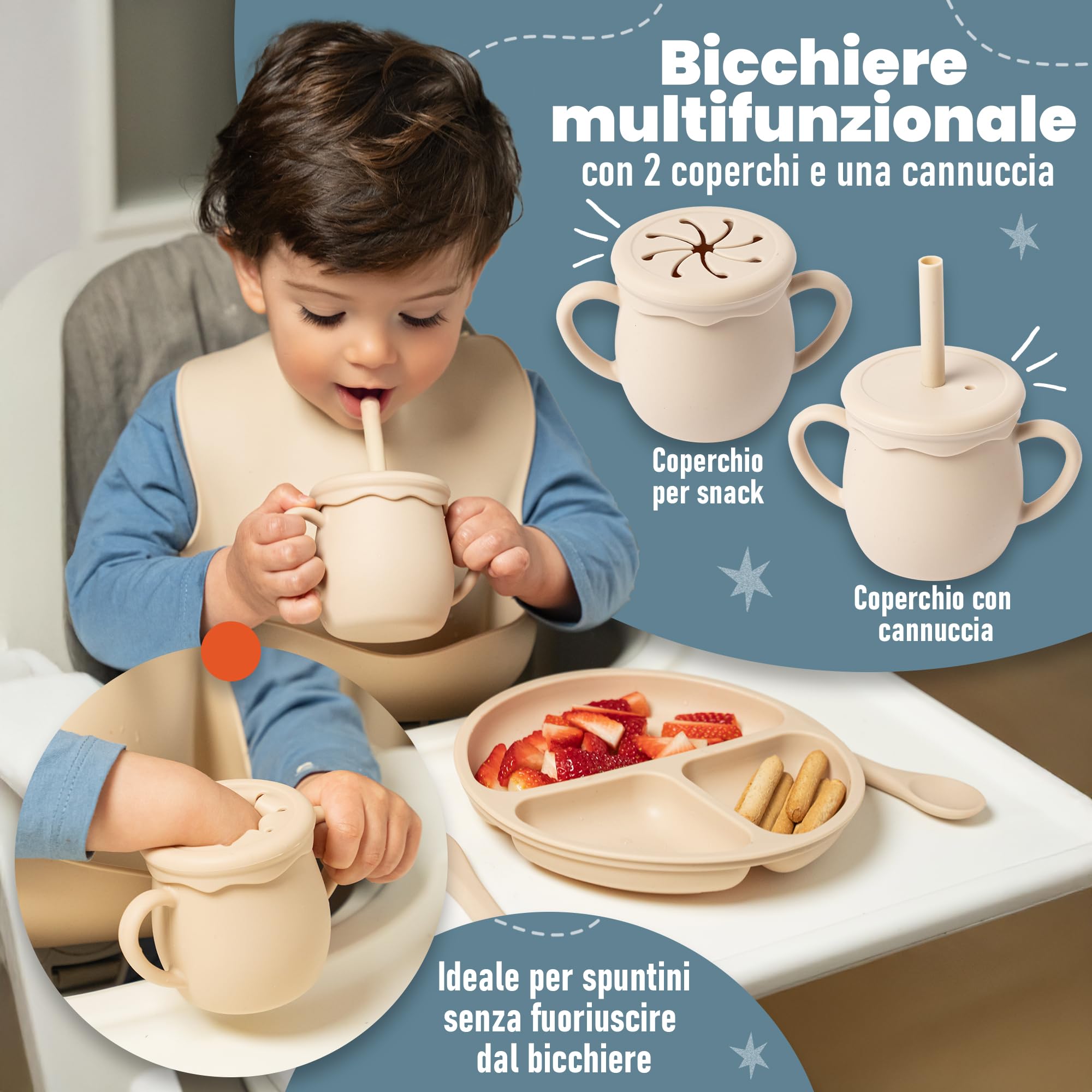 Set Pappa Svezzamento - Set Svezzamento Prima Pappa - Set Svezzamento Neonati - Set Neonato - Cucchiaino Svezzamento con serbatoio dosatore e Ciuccio per Frutta Neonati incluso - Piatto Svezzamento