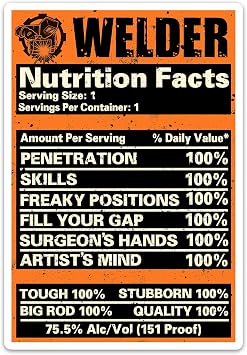 Welder Nutrition Facts Sticker, Funny Hard Hat Stickers for Welder, Blue Collar Vinyl Waterproof Welding Hood Decals for Toolbox Helmet Water Bottle Tumbler