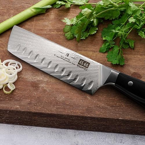 Miniatura 6 de SHAN ZU Nakiri - Cuchillo profesional para verduras de acero Damasco japonés (AUS-10), mango ergonómico G10, serie SUN