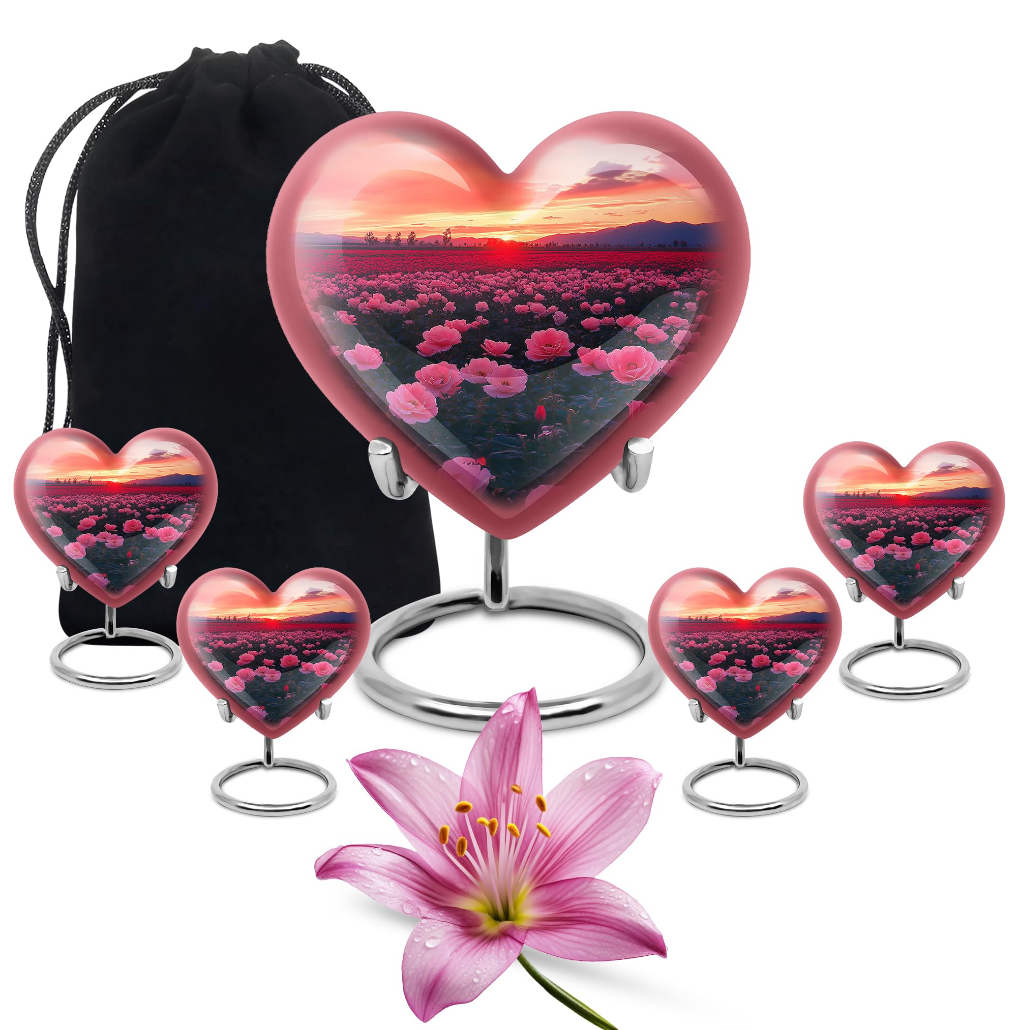 YATHABHISA Rose Heart Shaped Cremation Ash Urn for Men & Women, Decorative & Keepsake Urns for Ashes, Memorial Gift for Parents, Brown, Combo (10 Inch & 3 Inch Mini Set of 4)