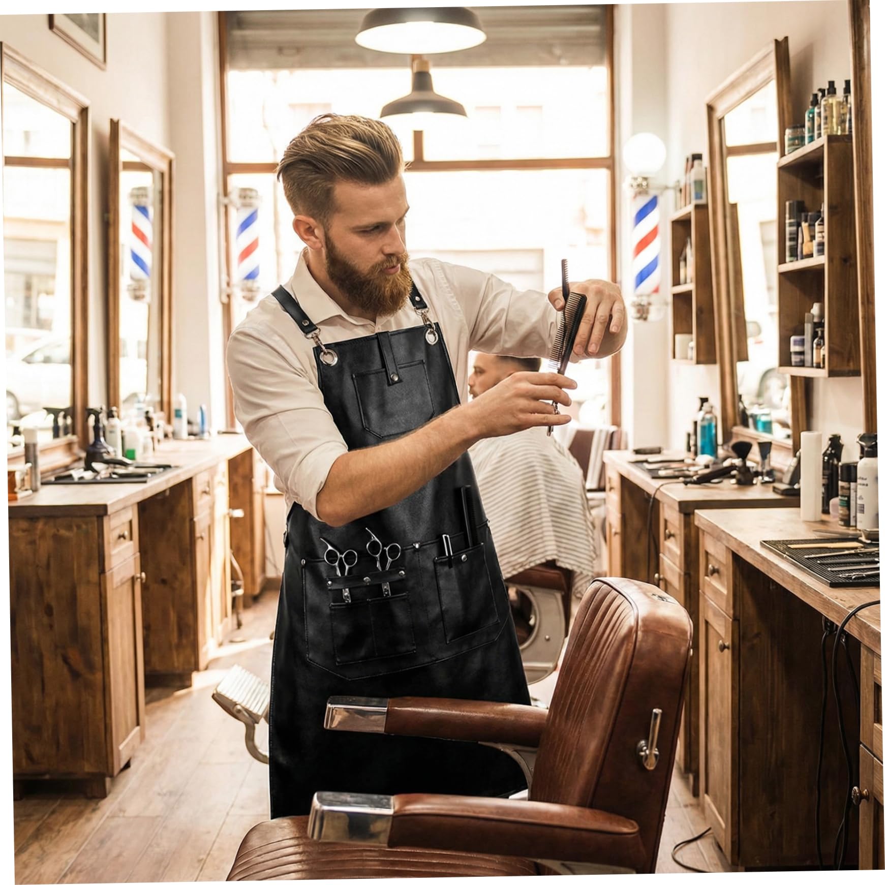 Tablier de coiffeur multi-poches en cuir PU pour femmes et hommes, réglable et imperméable pour coiffeur, barbier, salon,
