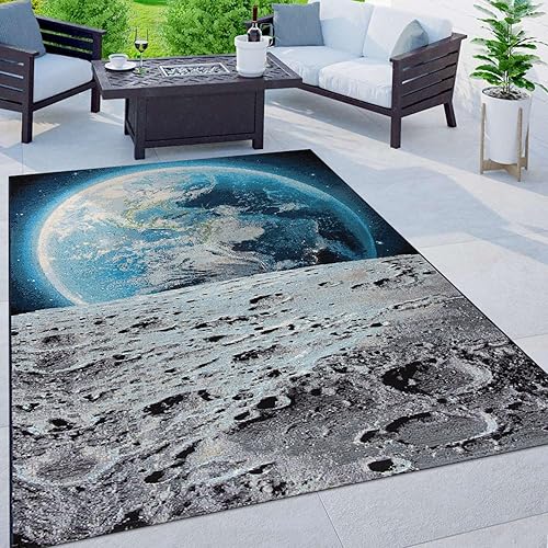Rugshop Galaxy Collection Adventure Moon - Alfombra de área para interiores y exteriores, 5 pies 3 pulgadas x 7 pies, color azul