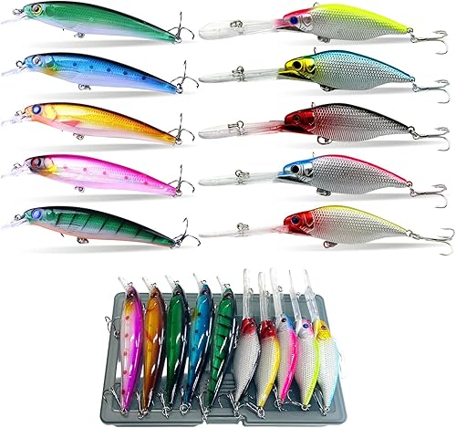 Miniatura 7 de Juego de señuelos de pesca, señuelos de pesca de hundimiento duro con caja de aparejos para agua dulce y salada, lubina, trucha, lucioperca, pez rojo