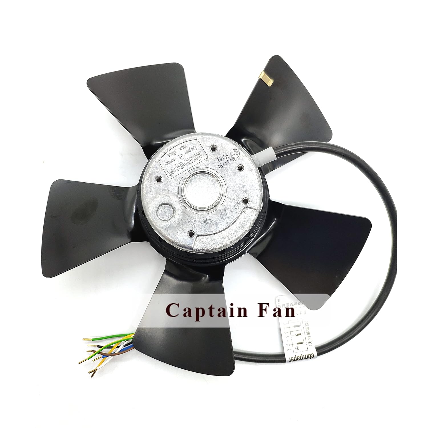 Bawah view of the Ebm Papst A2D250-AA02-01 axial fan, showing the Ebm Papst branding on the motor casing, the fan blades, and the wiring harness.