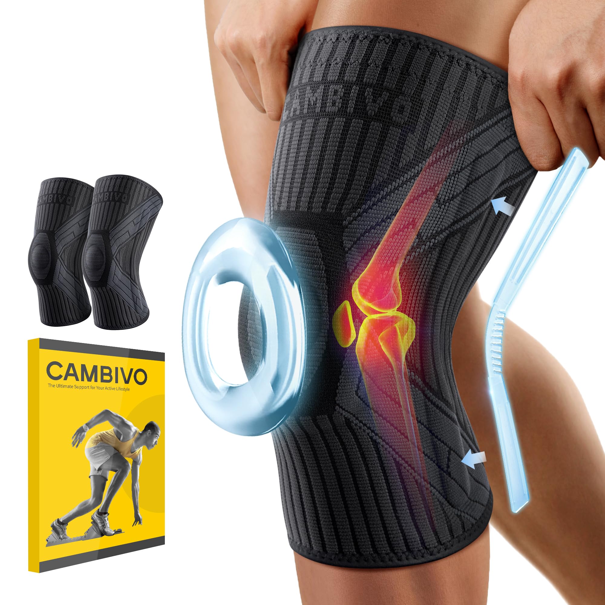 CAMBIVO2 Pack Knee Support Men 2.0 Pro, Knee Brace Women Compression Sleeve with Side Stabilizers Patella Gel Pad for Weight Lifting, Squats, Sports