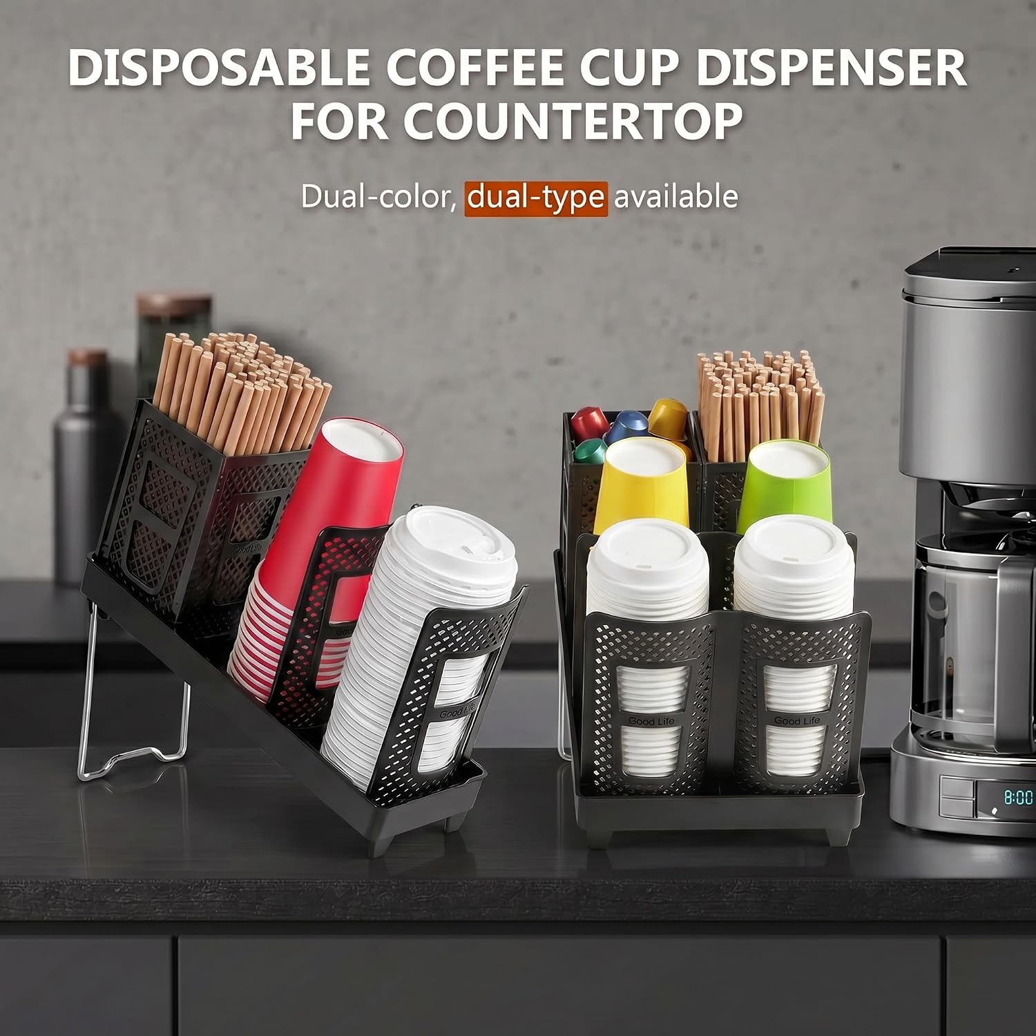 6-Slot Paper Cup and Lid Holder with Straws Holder, Black
