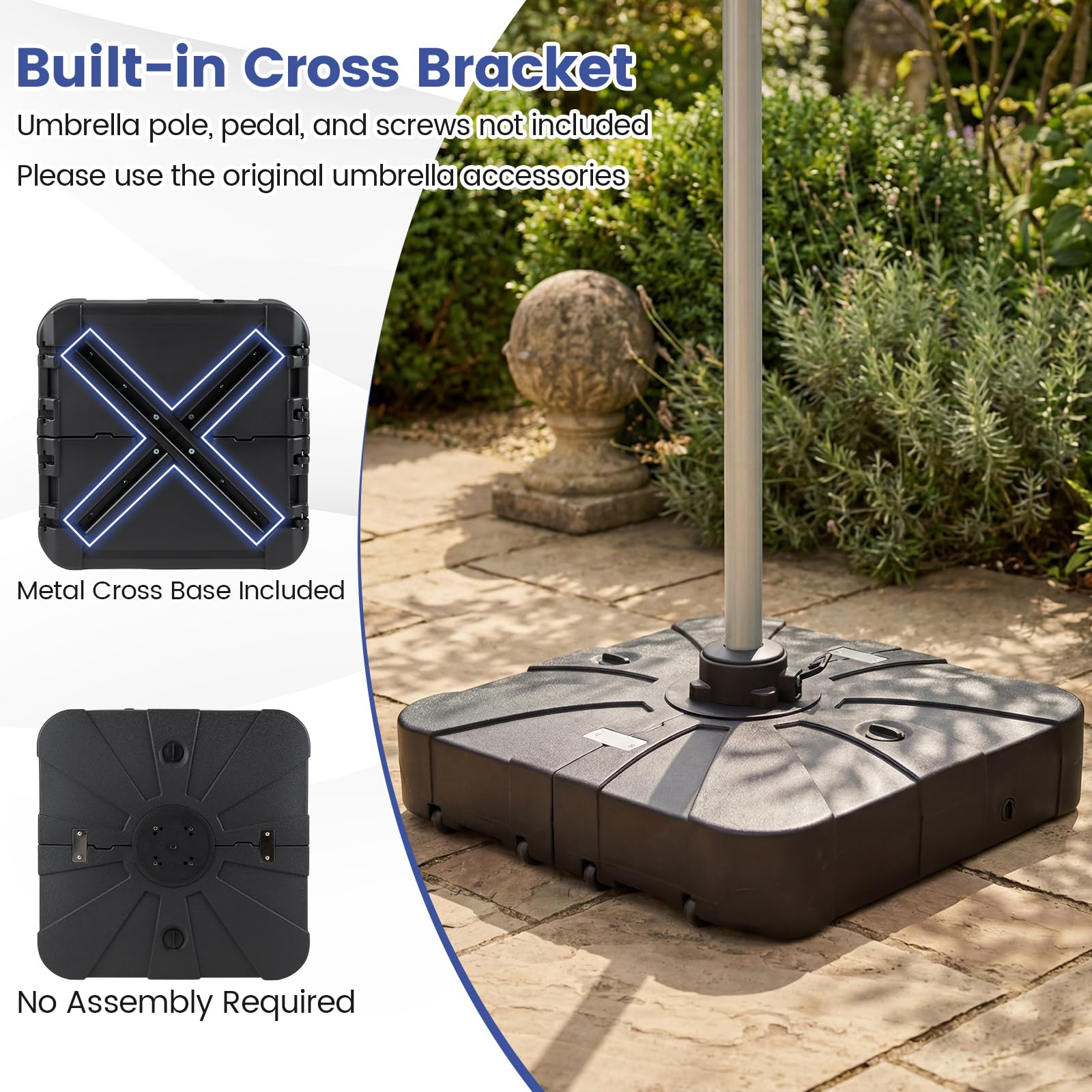 FANTASK Pied de Parasol à roulettes, 130 kg, Rechargeable, Pied de Parasol à roulettes, pour Grands parasols déportés, pour Jardin, terrasse, 170 kg