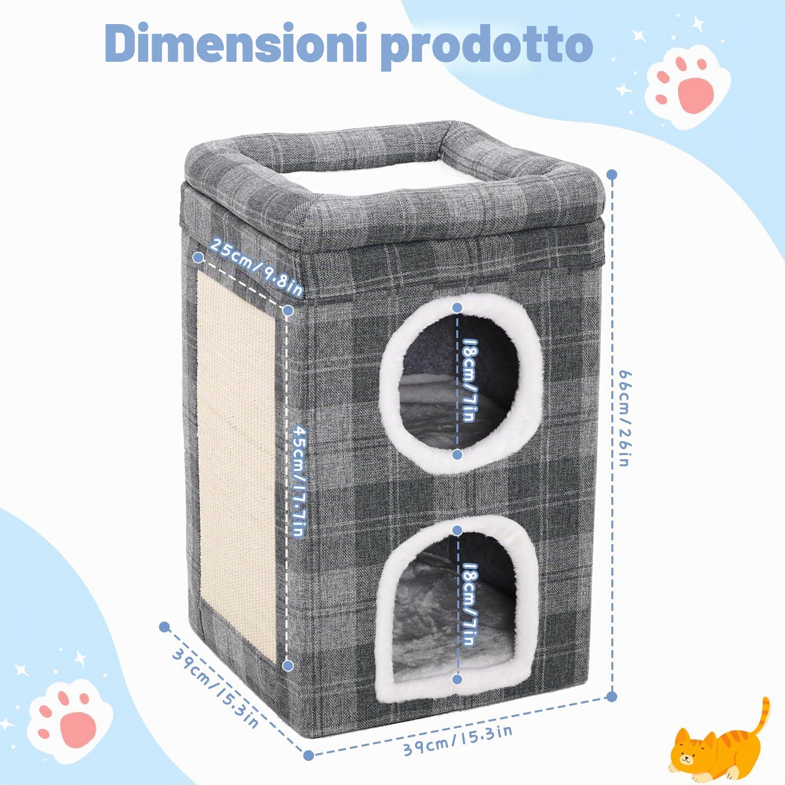 Cuccia per Gatti da Interno, Letto a 3 Piani per Più Gatti, Nicchia Comoda per Animali Domestici, Struttura Stabile, Piega & Facile da Installare, Casetta Chiuso,Grigio,39×39×66cm