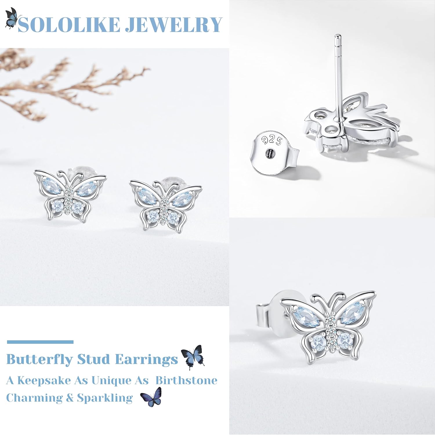 925 Sterling Silver Butterfly Earrings with Birthstone: Butterfly Stud Earrings Dainty Birthstones Studs Screw Back for Teens Loved Ones Birthday Mother's Day Christmas Jewelry Gifts - Image 2