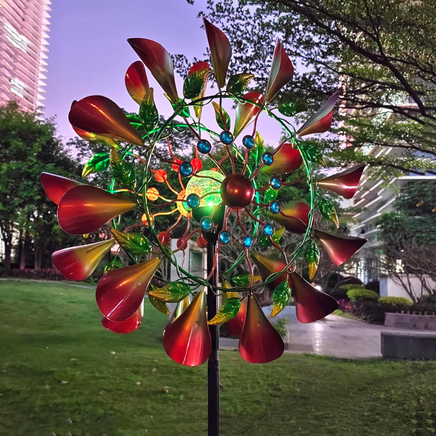 83in Metal Windmill Multi-Color Led Lighting Solar Powered Glass Ball Whirligigs Garden Spinners