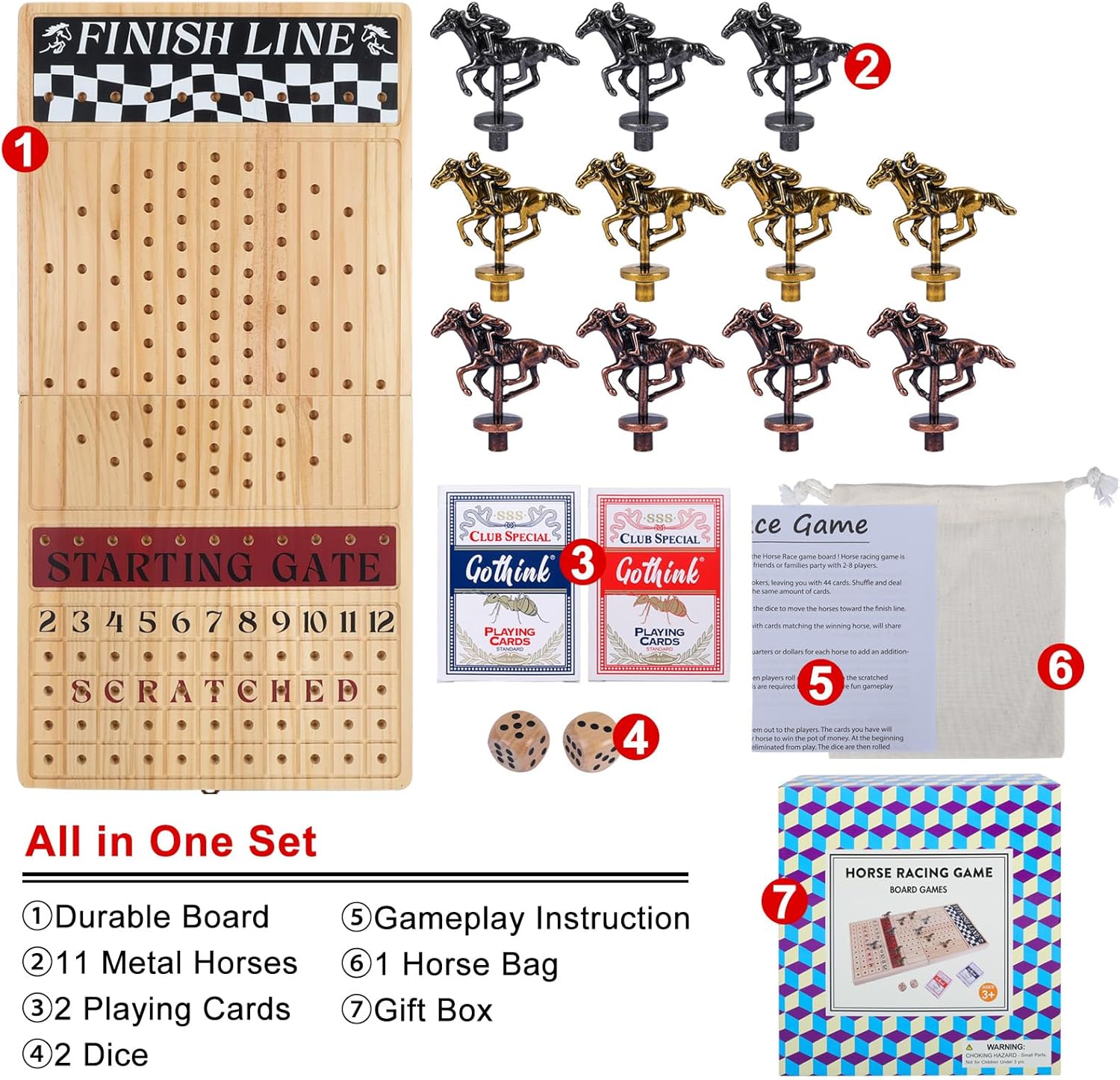 Large 23 inches Horse Race Board Game, Premium Durable Foldable Wooden Box, Horse Racing Game with 11 Retro Metal Horses, 2 Dices and 2 Playing Cards Fun Family Night Games for Adults Kids