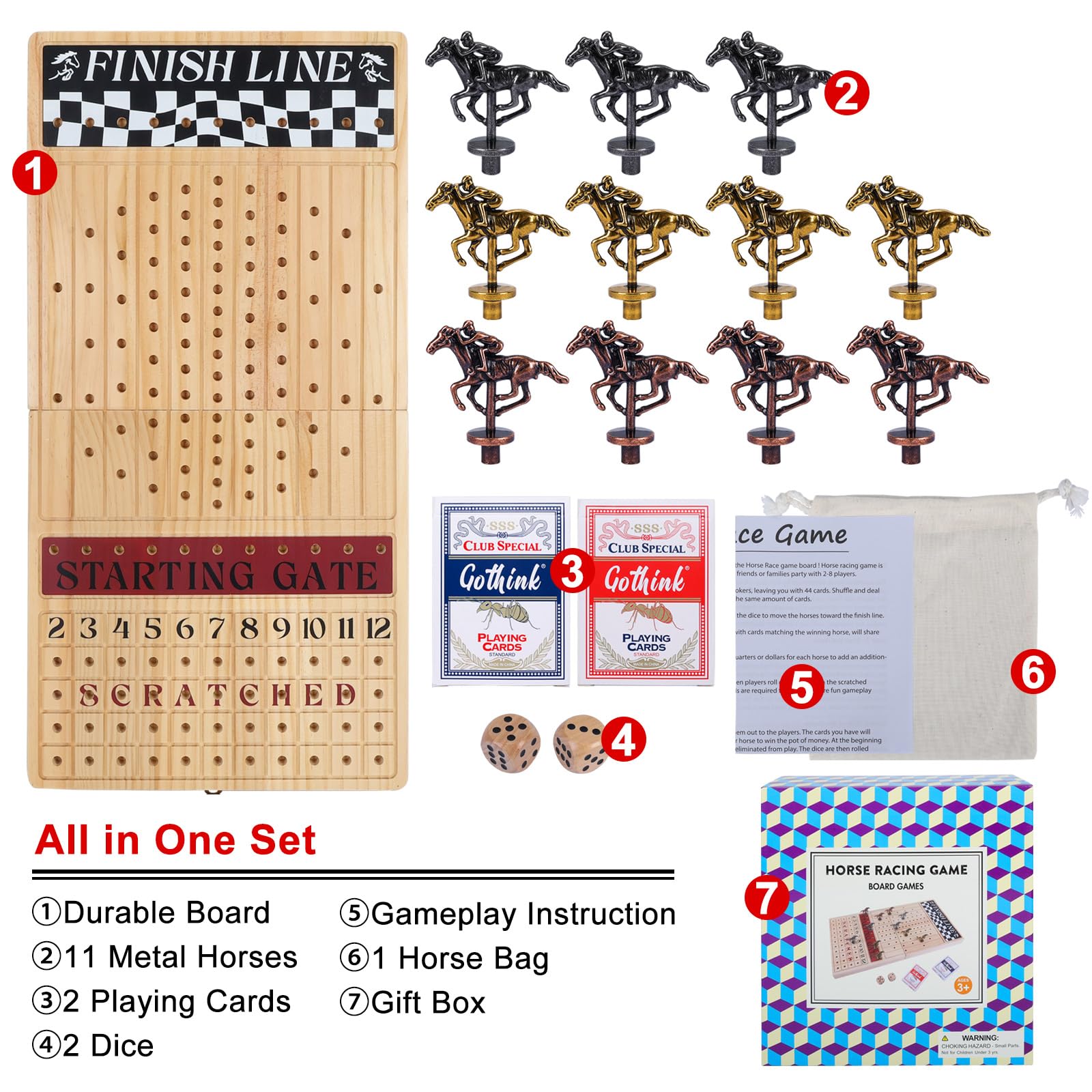 Juego de mesa grande de carreras de caballos de 23 pulgadas, caja de madera plegable duradera de alta calidad, juego de carreras de caballos con 11 caballos de metal retro, 2 dados y 2 cartas 2