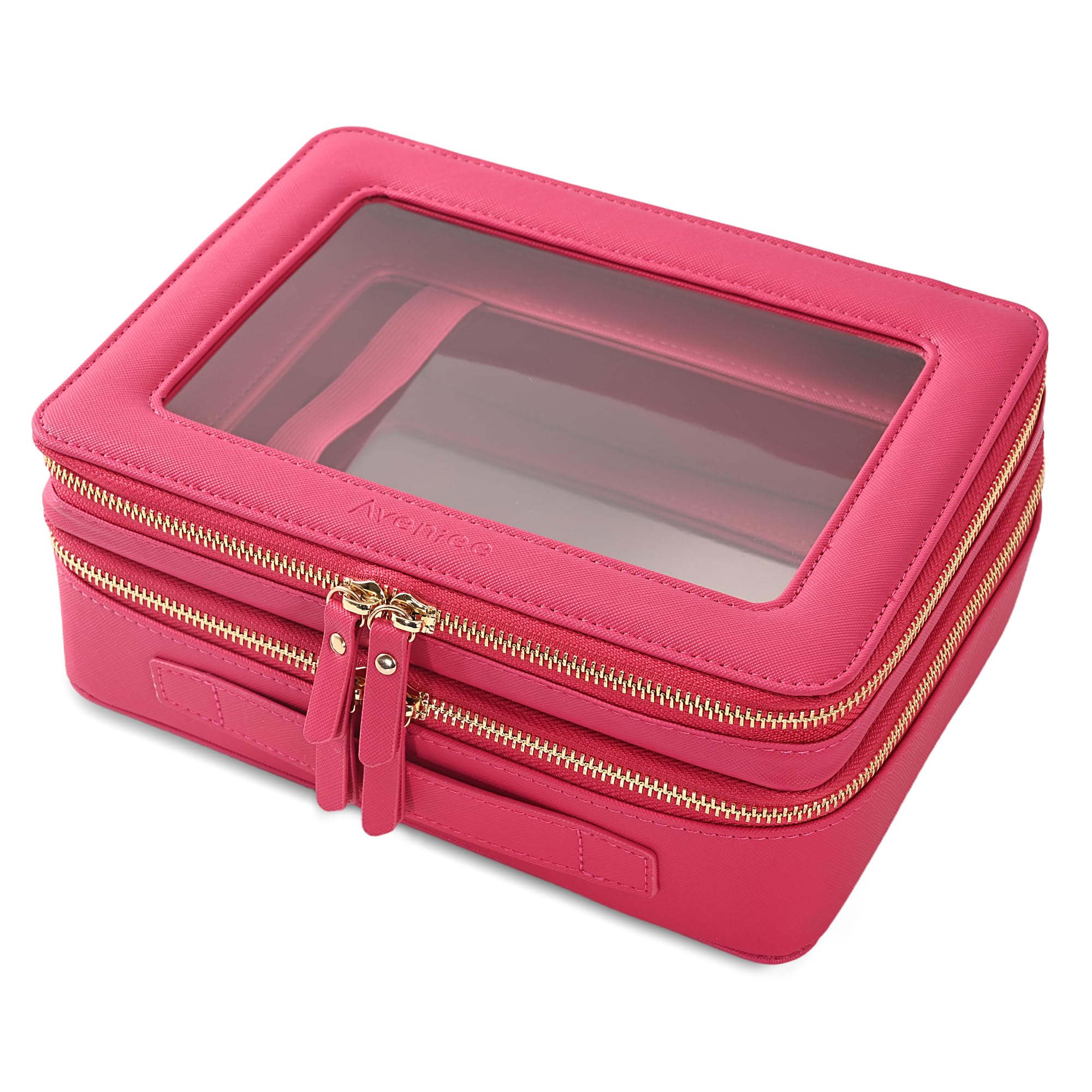 Aveniee XL Clear Makeup Organizer,Double Layer Travel Cosmetic Case with Brush Holder &amp; Zippered Compartments,Big Toiletry Bag for Travel Accessories,2 Layers Large,Hotpink