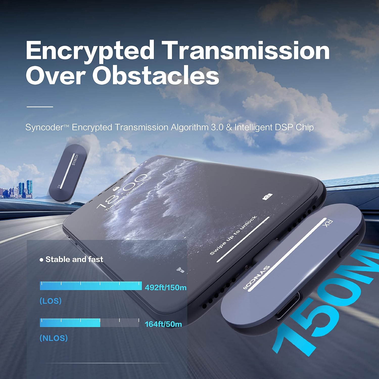SYNCO P2T receiver connected to a smartphone, with graphics illustrating stable transmission range of 150m line-of-sight and 50m non-line-of-sight.