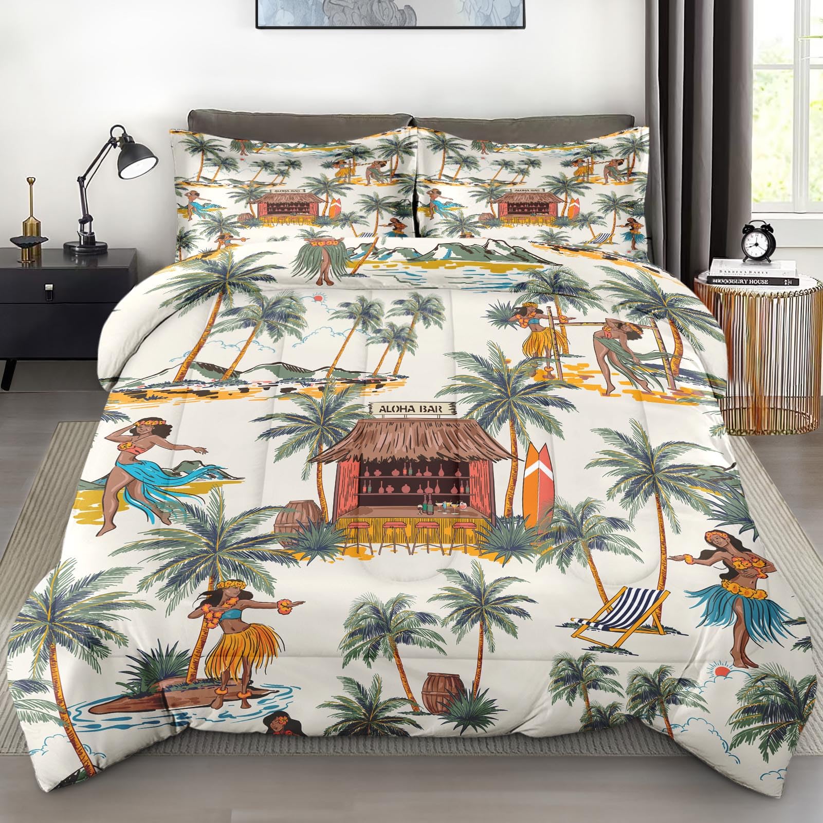 Comforter Set Queen Size, Summer Tropical Hawaii Soft 3 Pcs Bedding for Kids and Adults, Beach Hawaiian Palm Tree Leaf Comforter Set with 2 Pillowcases, for Bedroom Bed Decor