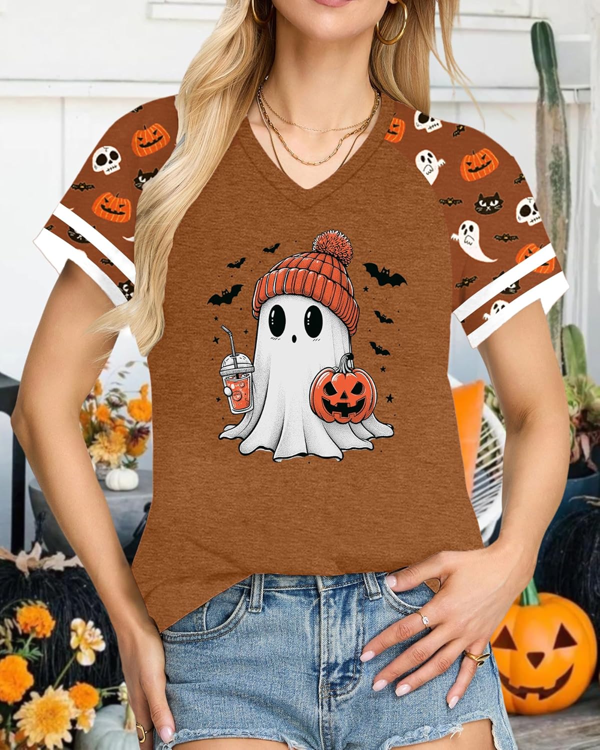 Halloween Shirts Women Fall Pumpkin Tshirt Ghost T Shirt Skeleton Tops Casual V Neck Short Sleeve Tees - Image 3